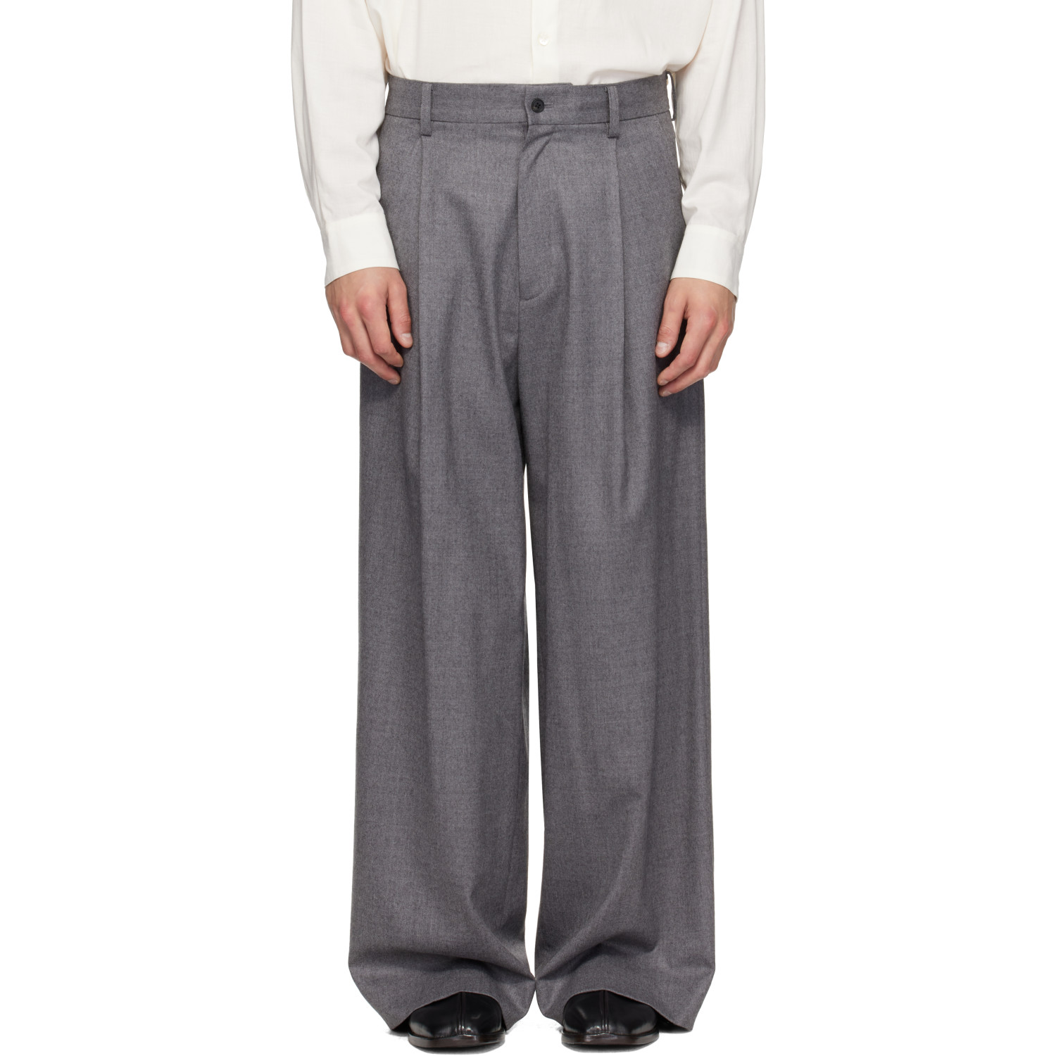 Ssstein Gray Wool Flannel Extra Wide Trousers
