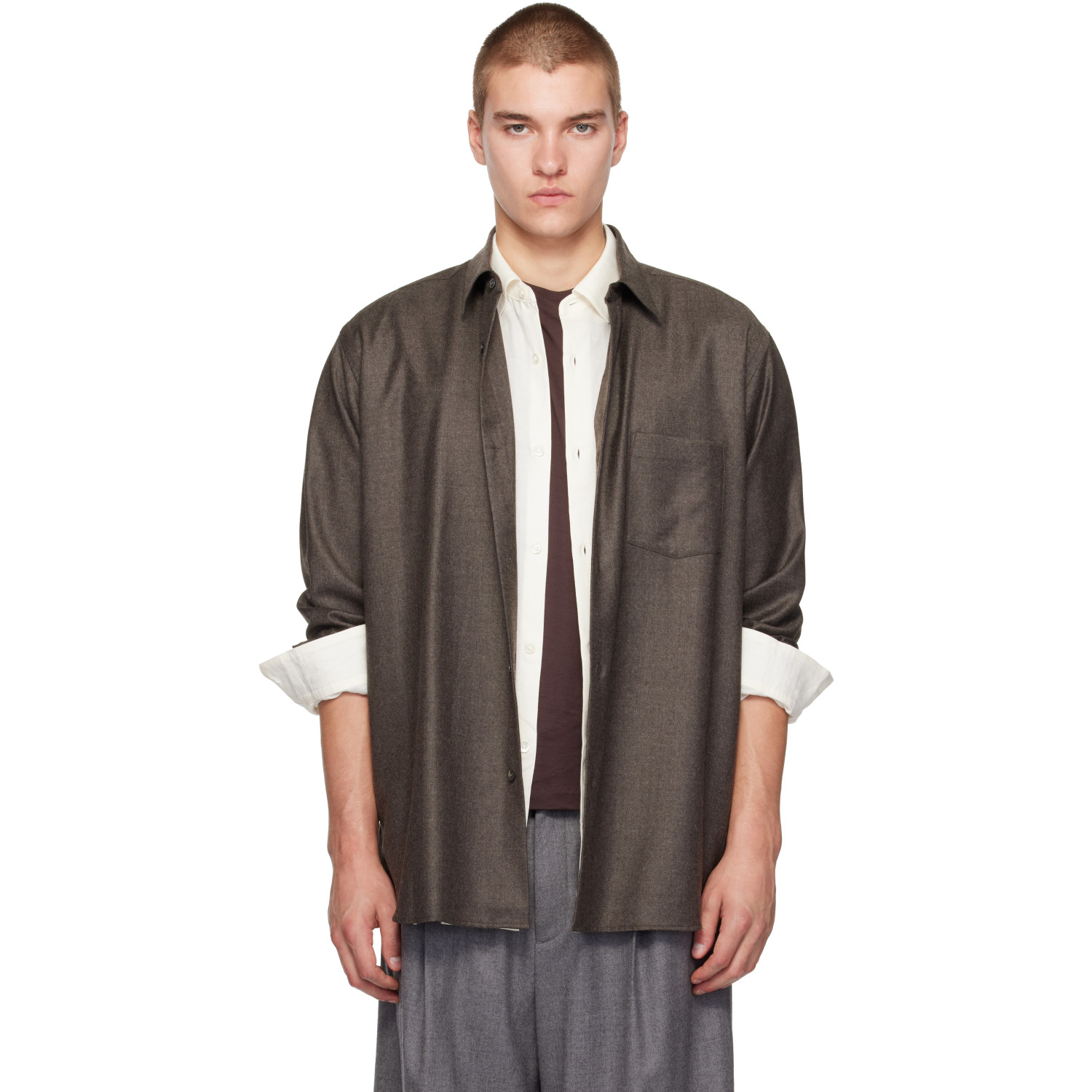 Ssstein Brown Extra Fine Wool Oversized Regular Collar Shirt