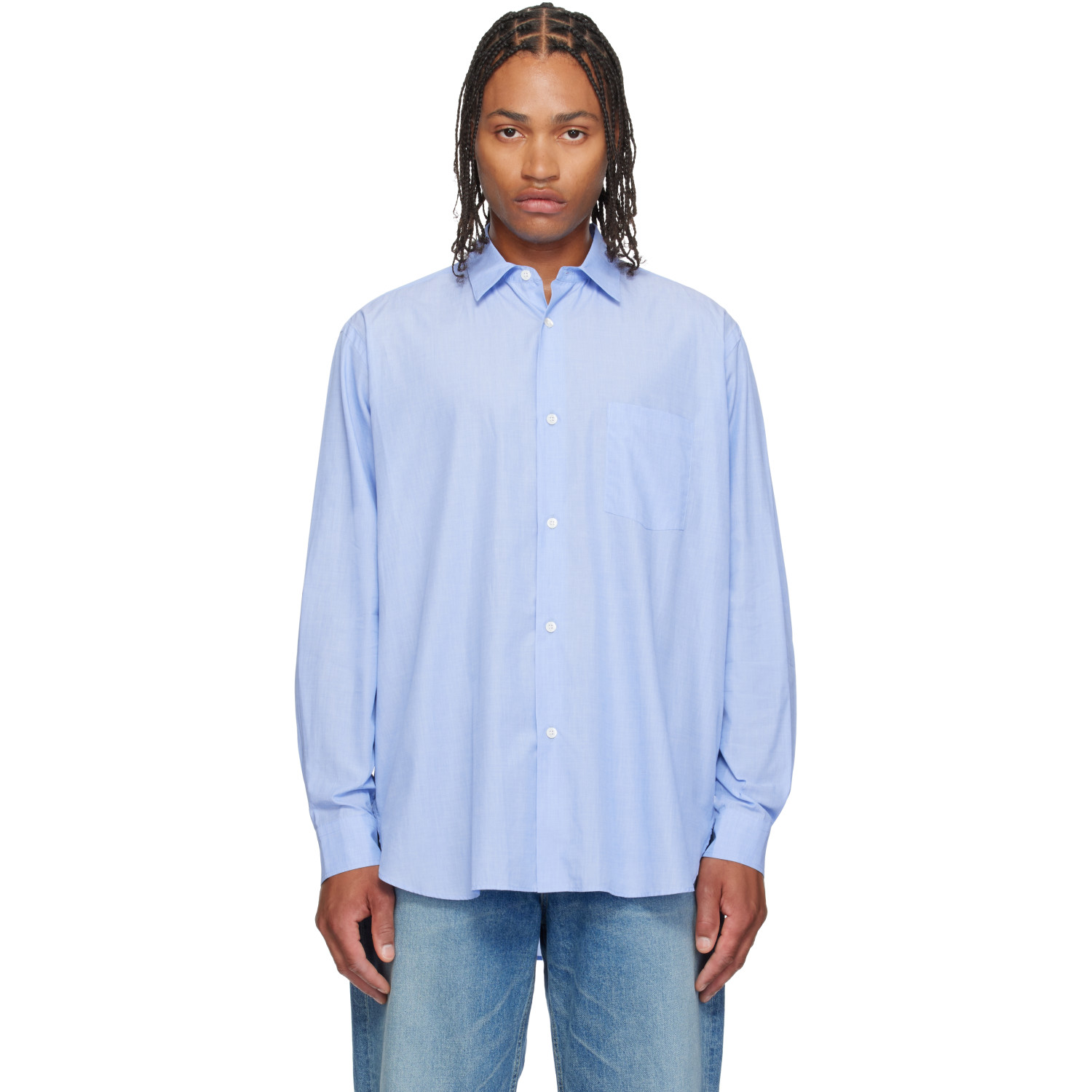 ssstein Blue Smooth Cotton Oversized Regular Collar Shirt