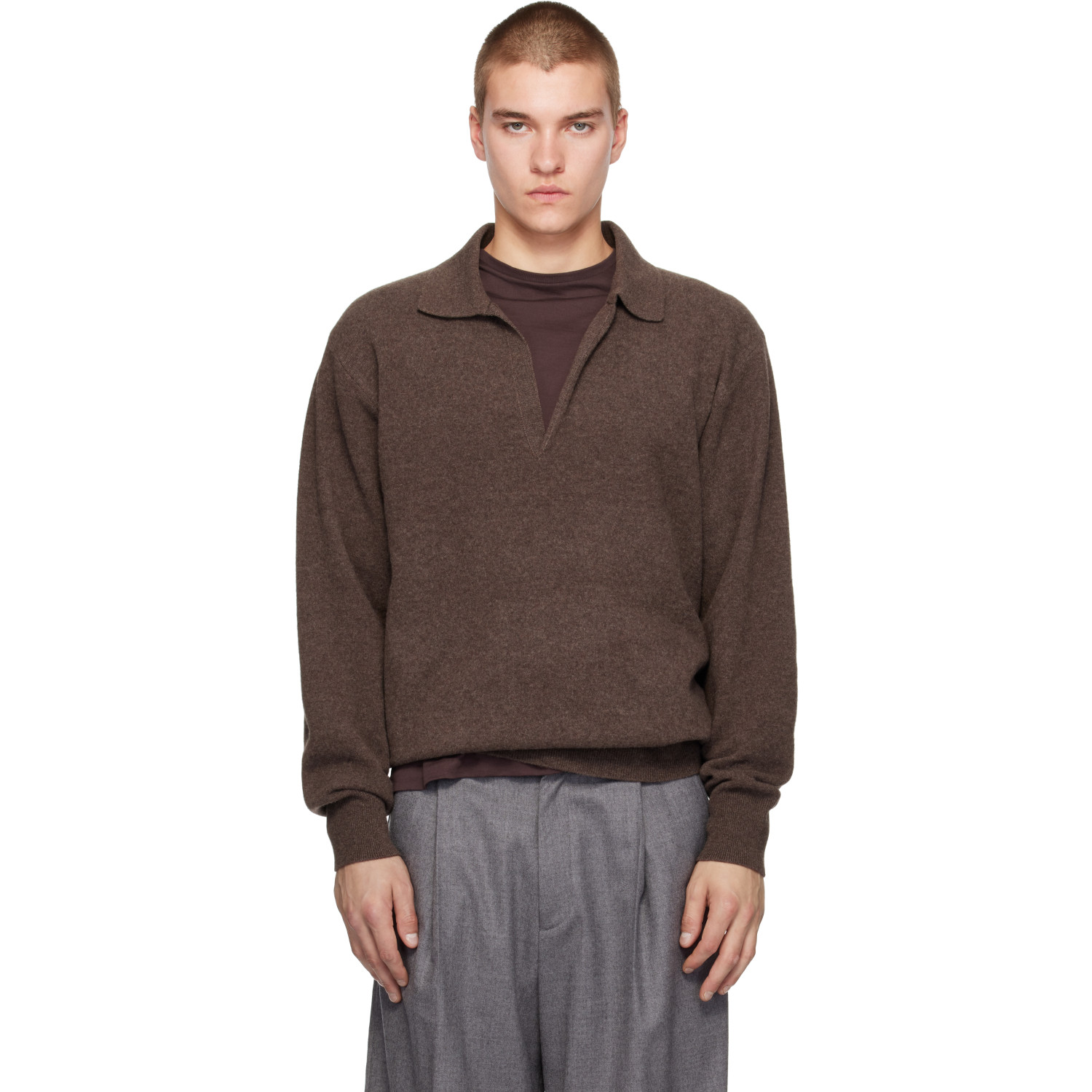 Ssstein Brown Extra Fine Wool Knit Skipper Sweater