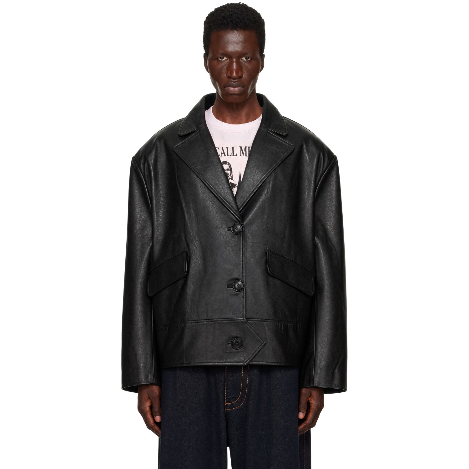 VAQUERA Black Leather Overcoat Jacket