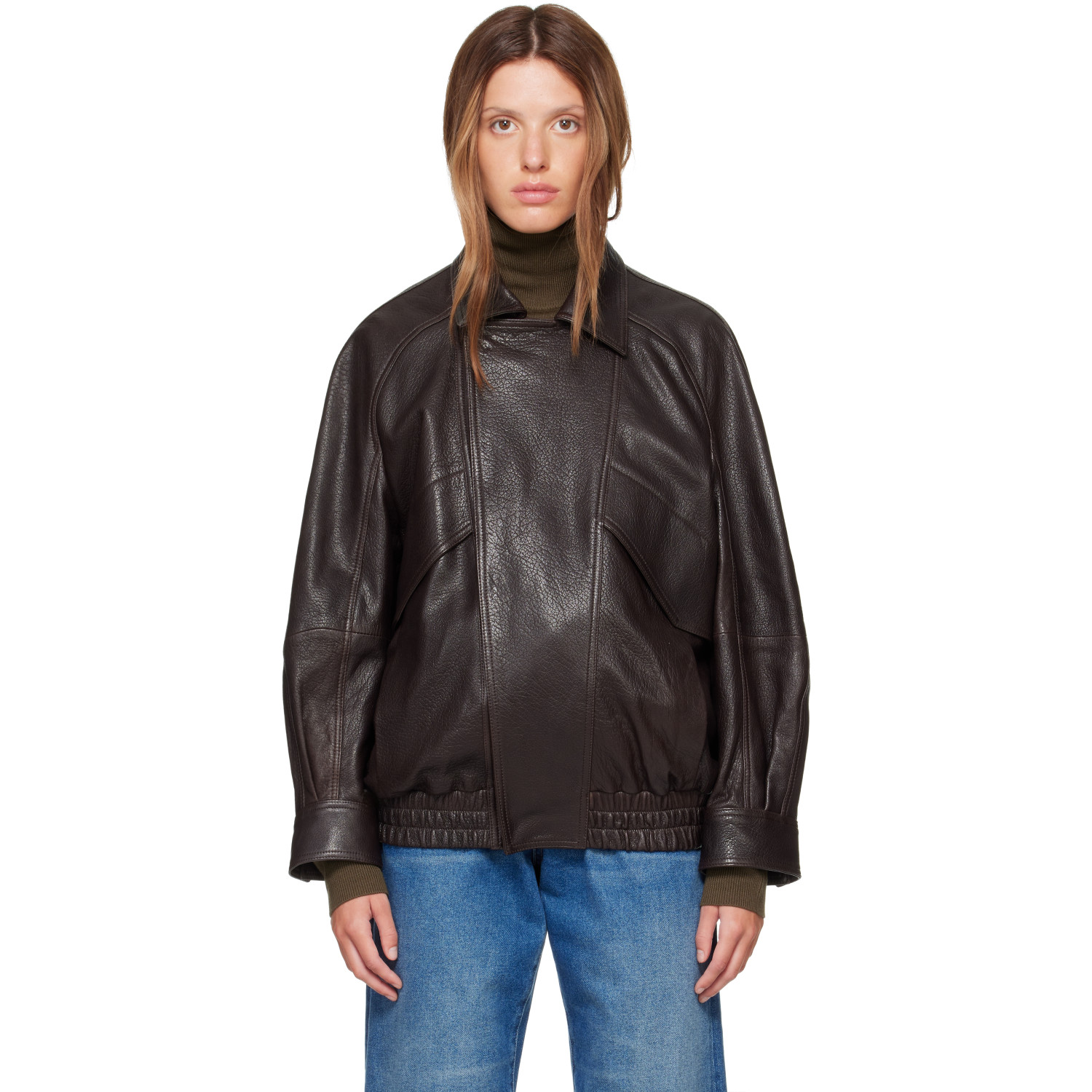 Nour Hammour Brown Rafe Sculptural Leather Bomber Jacket