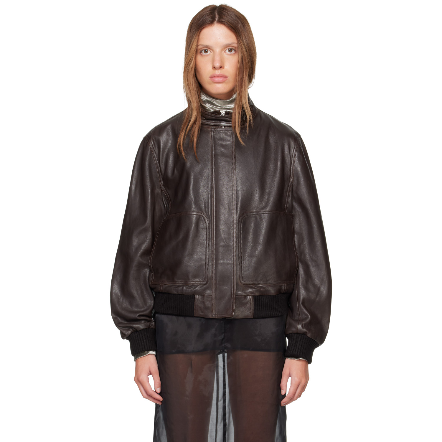 Nour Hammour Brown Rios Leather Bomber Jacket