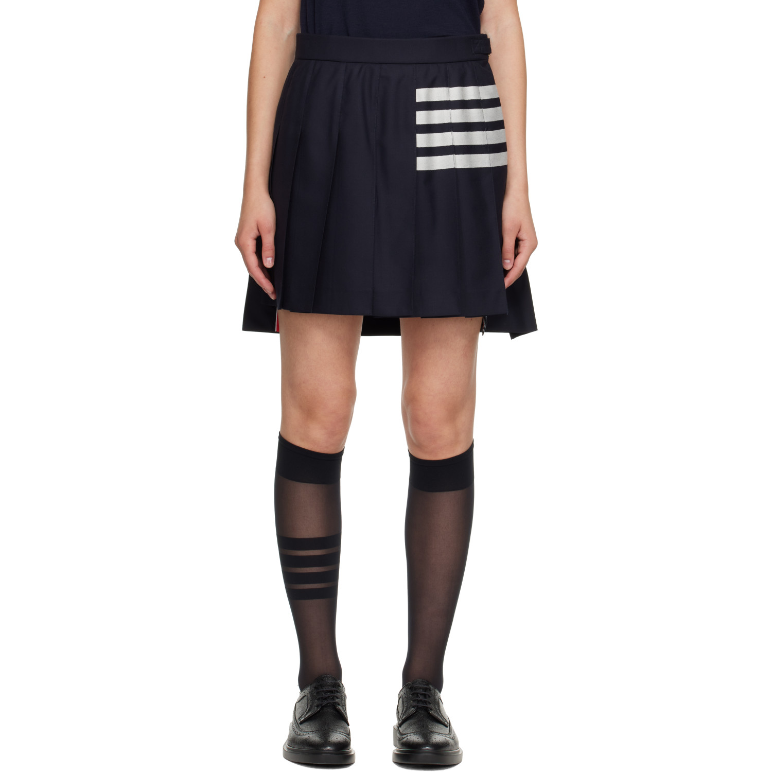 Thom Browne Navy Plain Weave 4-Bar Pleated Miniskirt