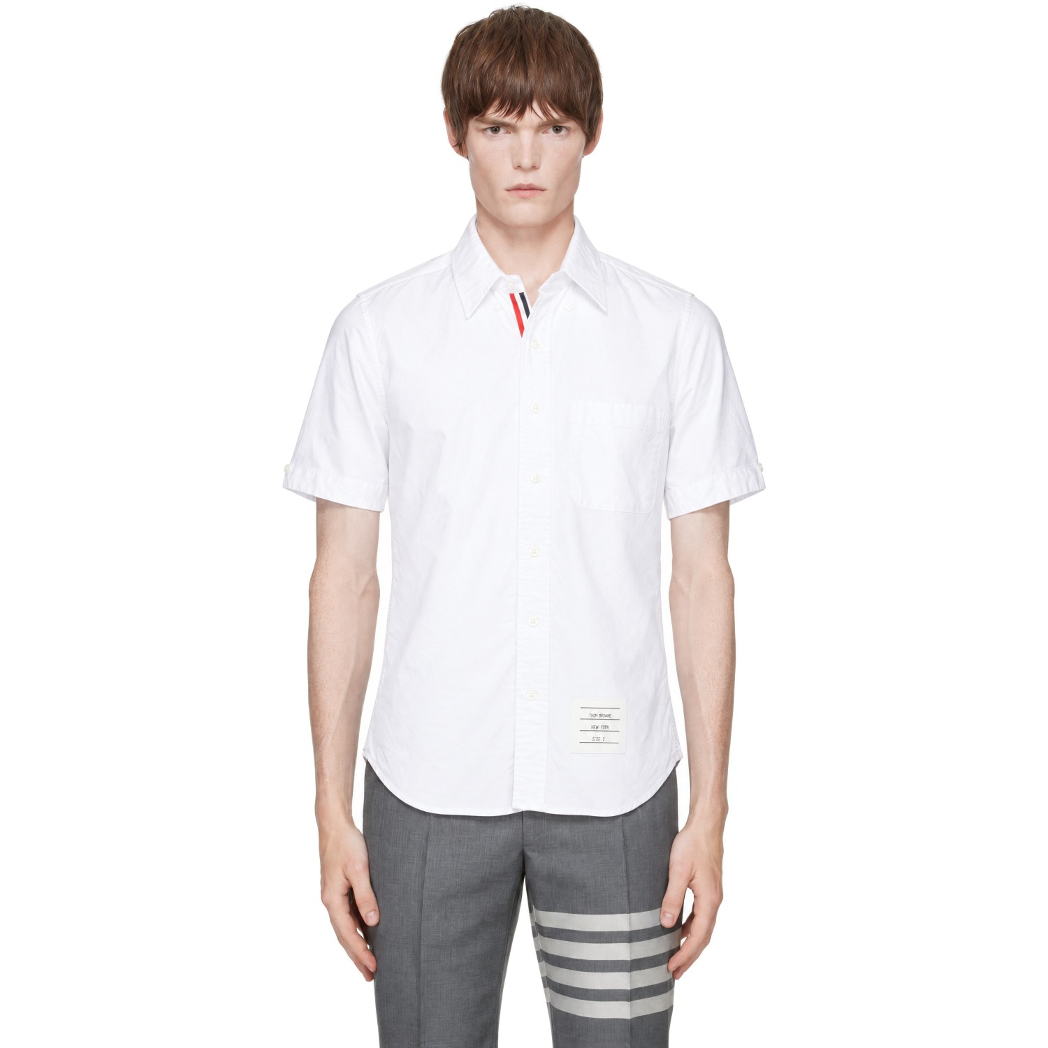 Thom Browne White Oxford Grosgrain Placket Short Sleeve Shirt
