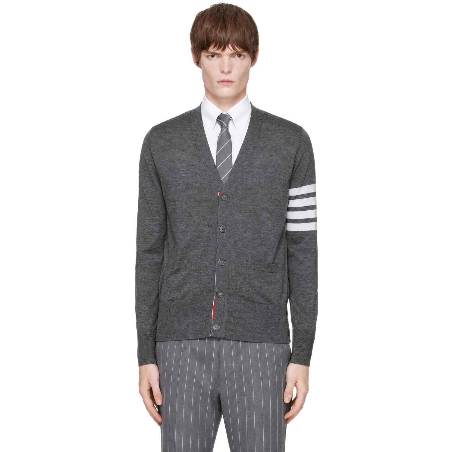 Thom Browne Gray Merino Wool 4-Bar Classic V-Neck Cardigan