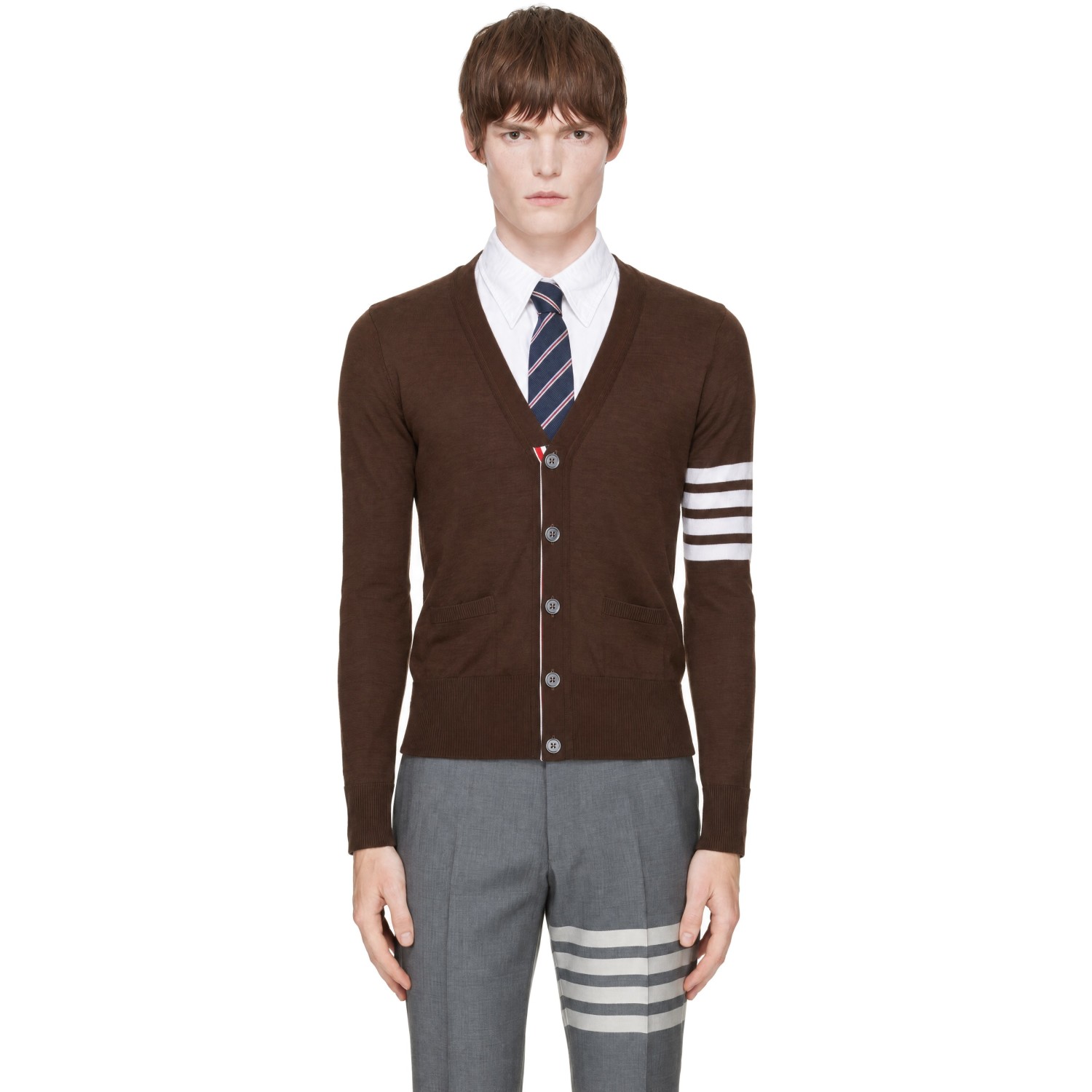 Thom Browne Brown Merino Wool 4-Bar Classic V-Neck Cardigan