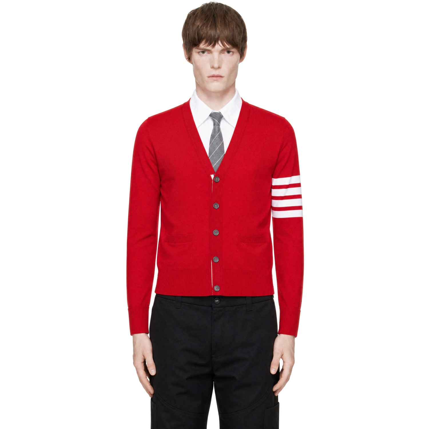 Thom Browne Red Merino Wool 4-Bar Classic V-Neck Cardigan