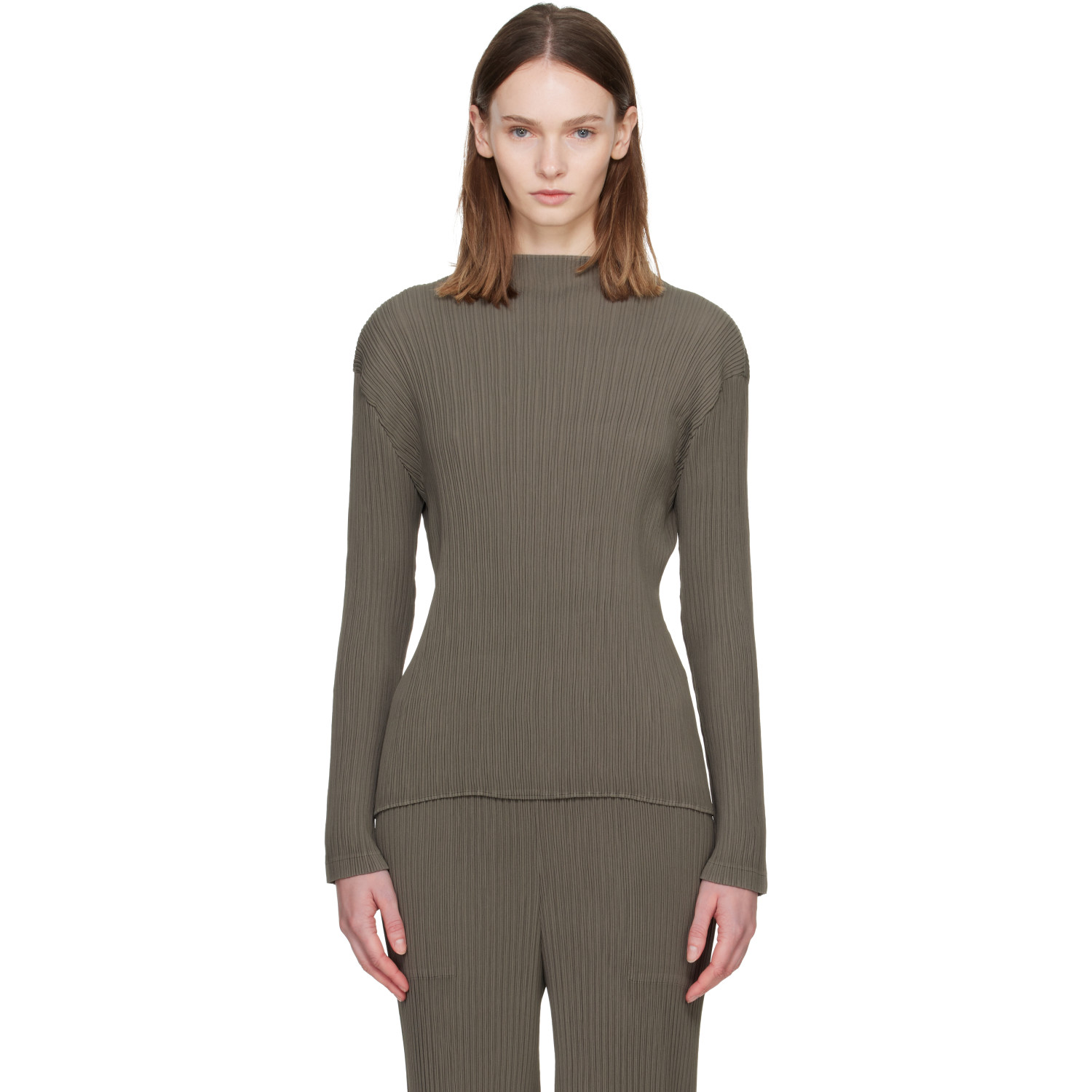 ISSEY MIYAKE Taupe Hatching Pleats Top