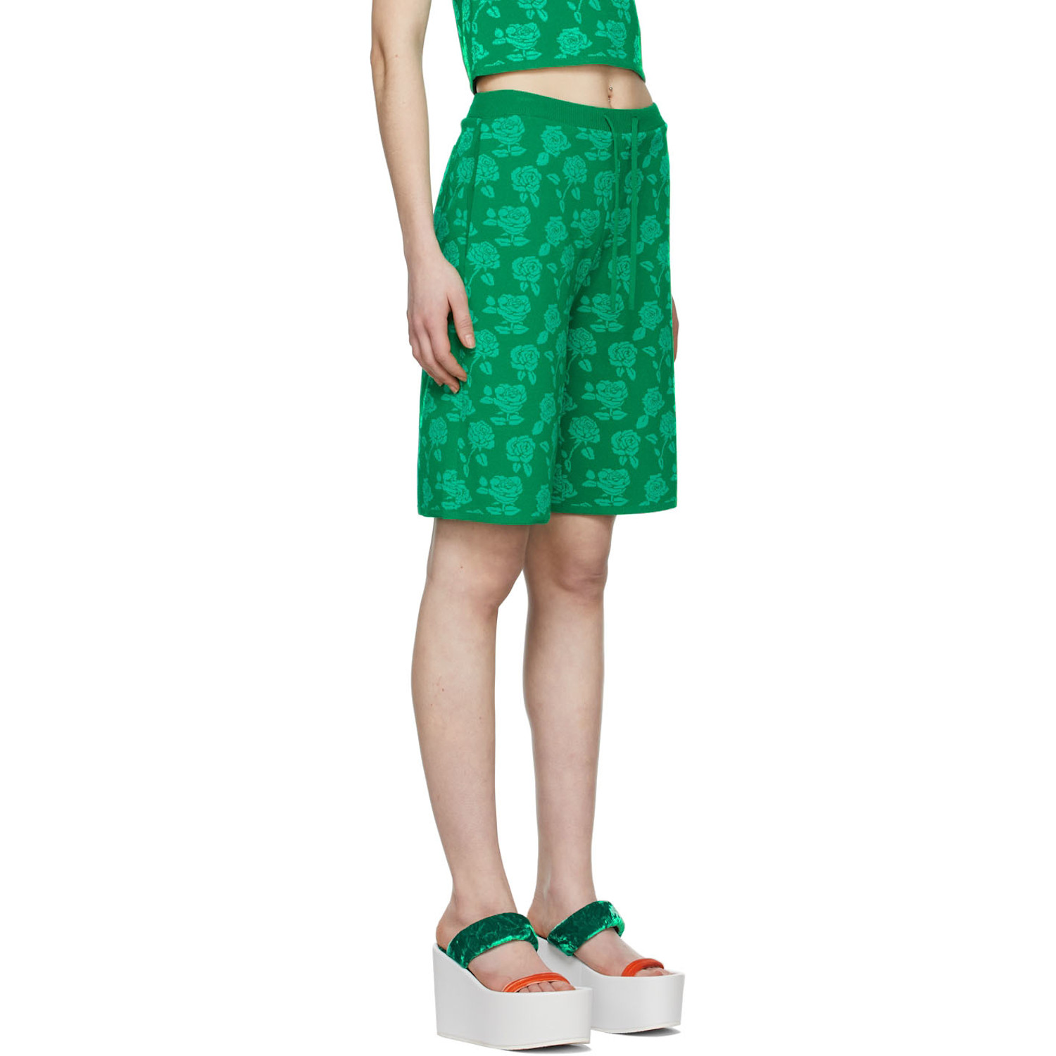  Pushbutton Green Polyester Shorts 
