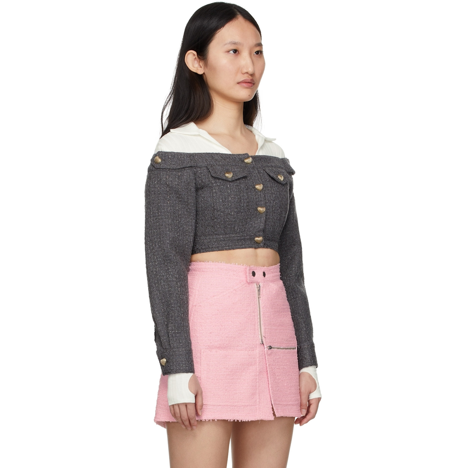  Bonbom Grey Cropped Off Shoulder Jacket 
