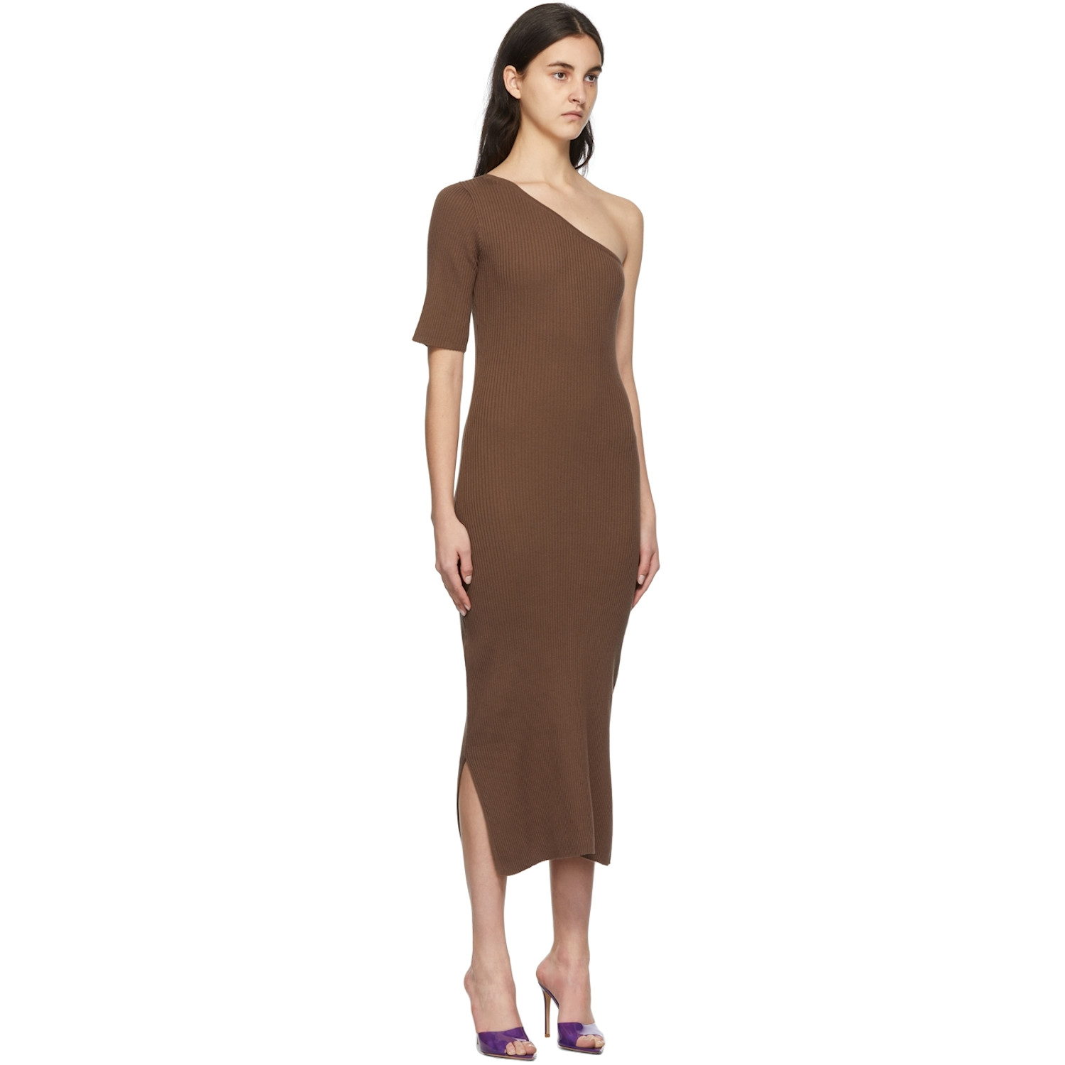  Matériel Tbilisi Brown One Shoulder Ribbed Dress 