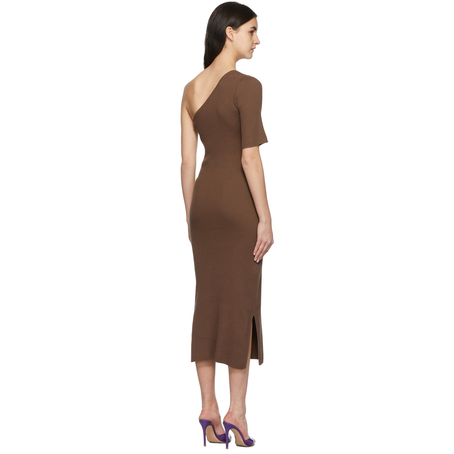  Matériel Tbilisi Brown One Shoulder Ribbed Dress 