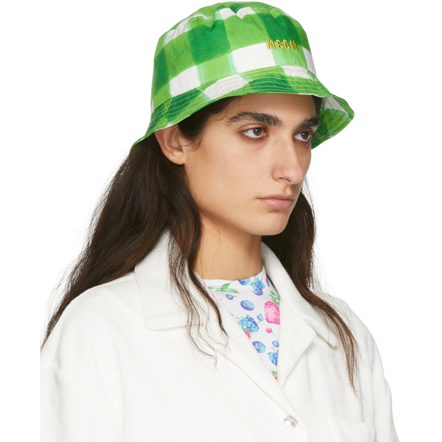  Msgm Green Plaid Bucket Hat 