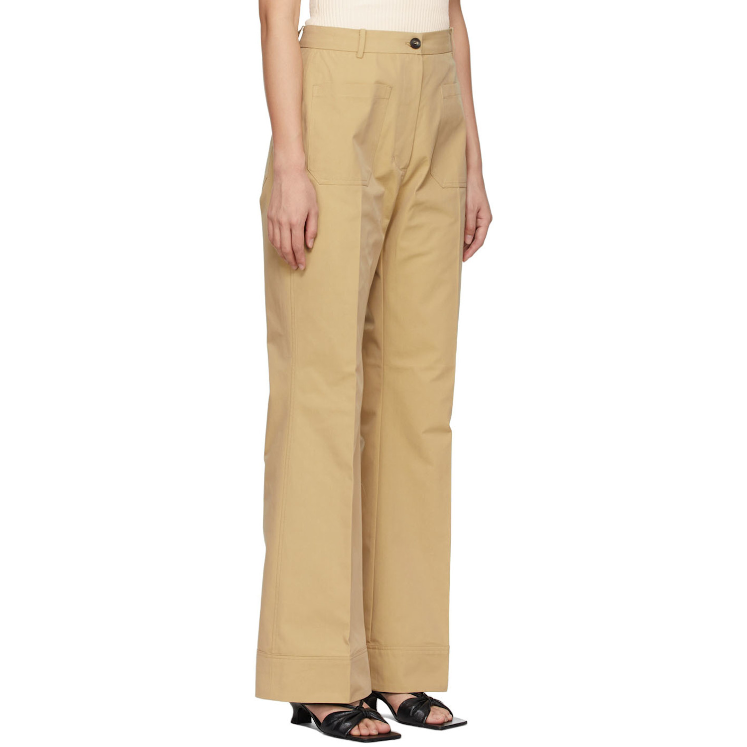  Drae Beige Cotton Patch Pocket Flared Trousers 