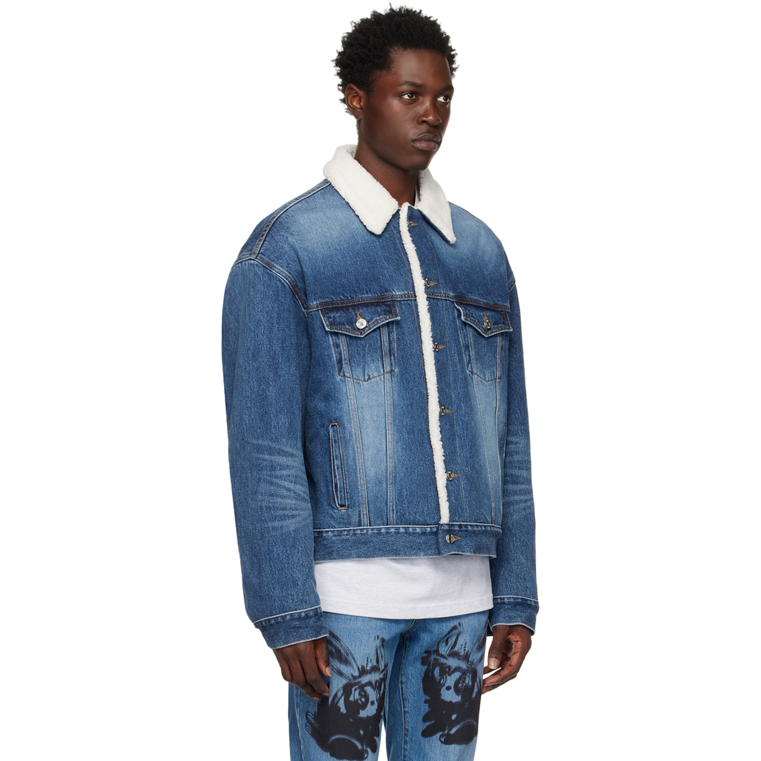  We11done Navy Oversized Faux-shearling Denim Jacket 