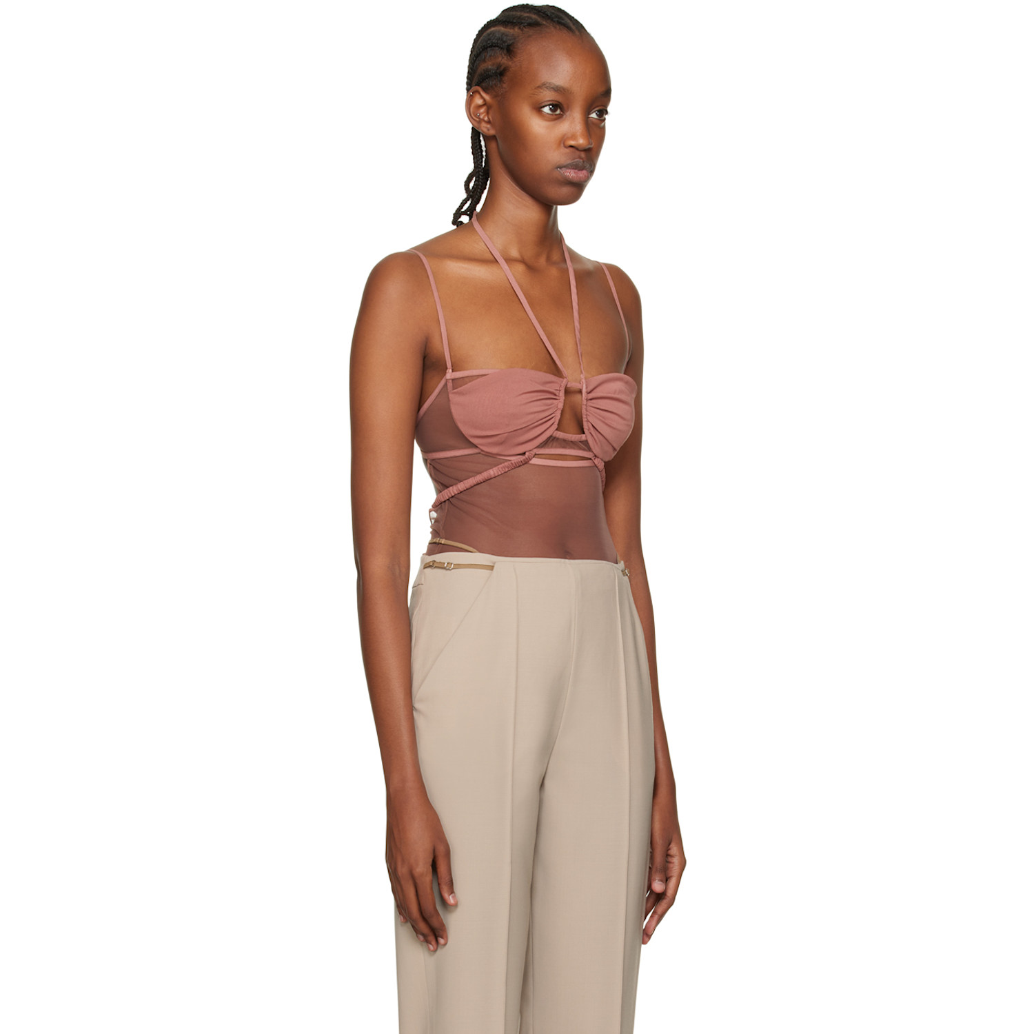  Nensi Dojaka Taupe Draped Double Bra Bodysuit 
