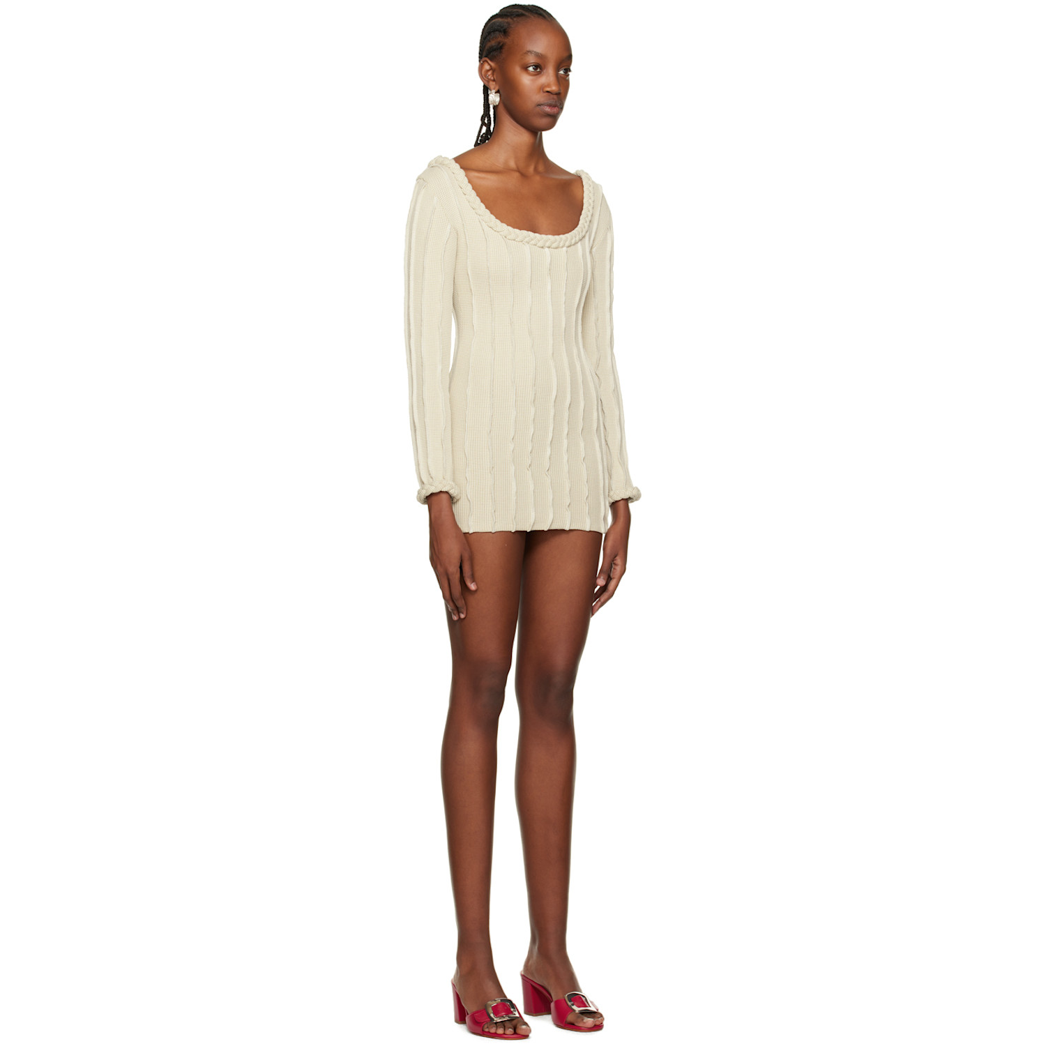  Helenamanzano Beige Braided 3d Stripe Minidress 