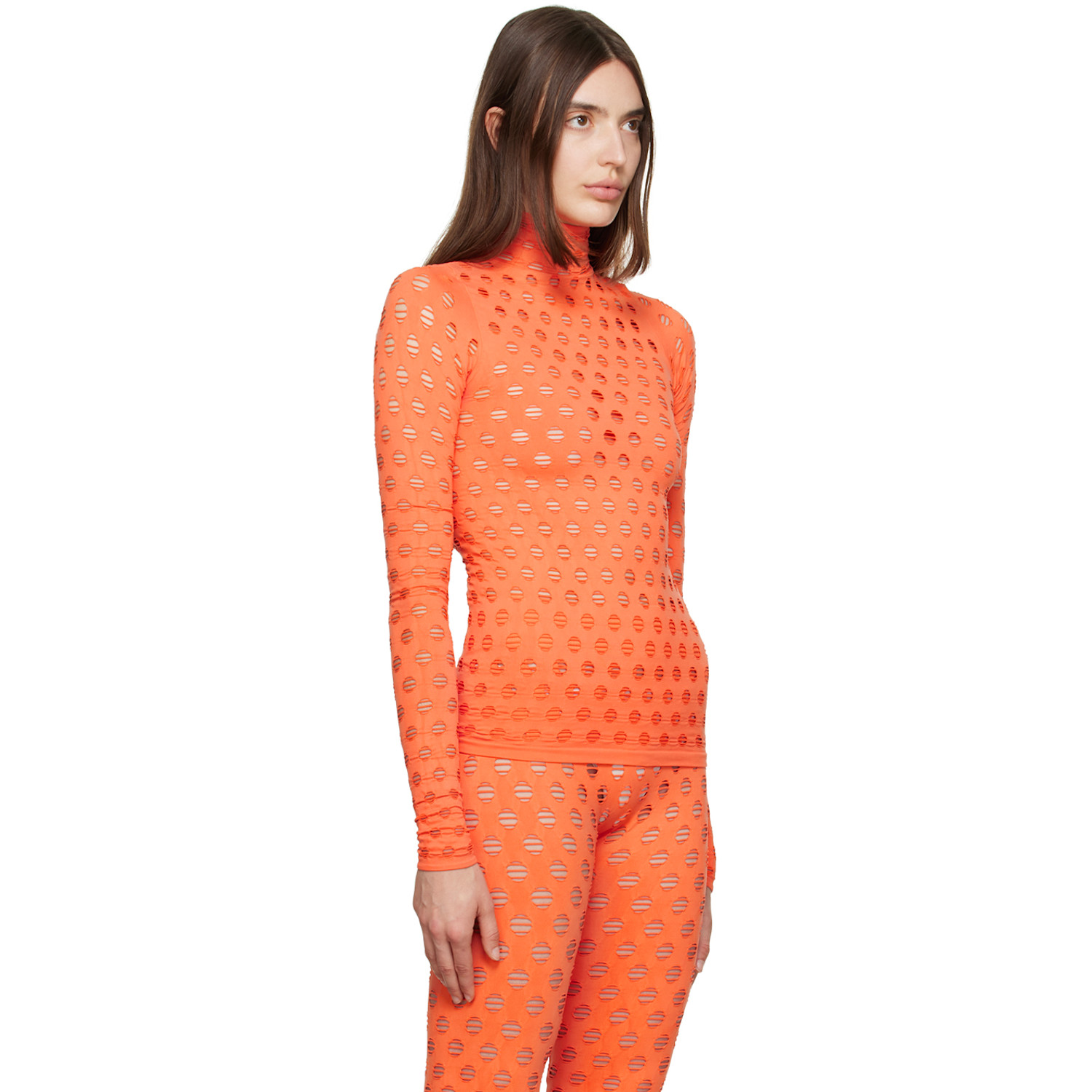  Maisie Wilen Orange Perforated Turtleneck 