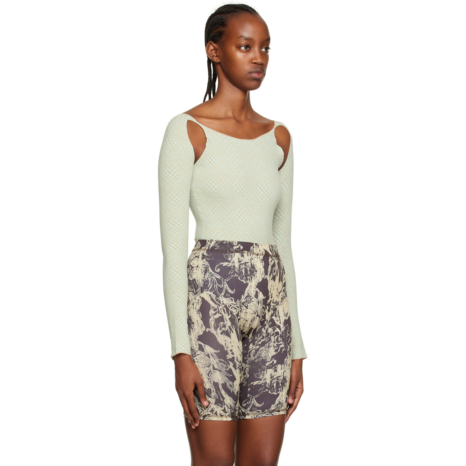  Rui Blue & Beige Cutout Bodysuit 