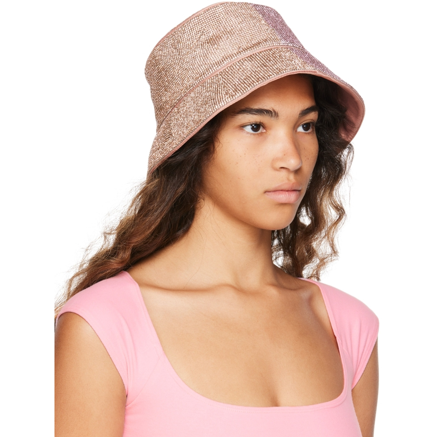 Kara Pink Crystal Mesh Bucket Hat 