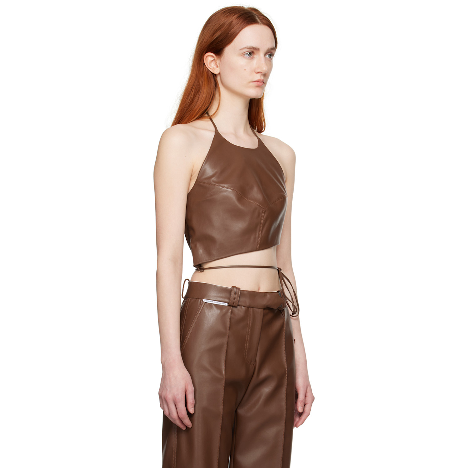  Aleksandre Akhalkatsishvili Brown Halter Faux-leather Tank Top 