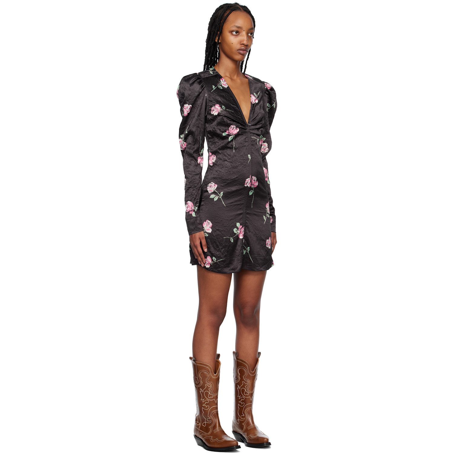  Ganni Black Floral Minidress 