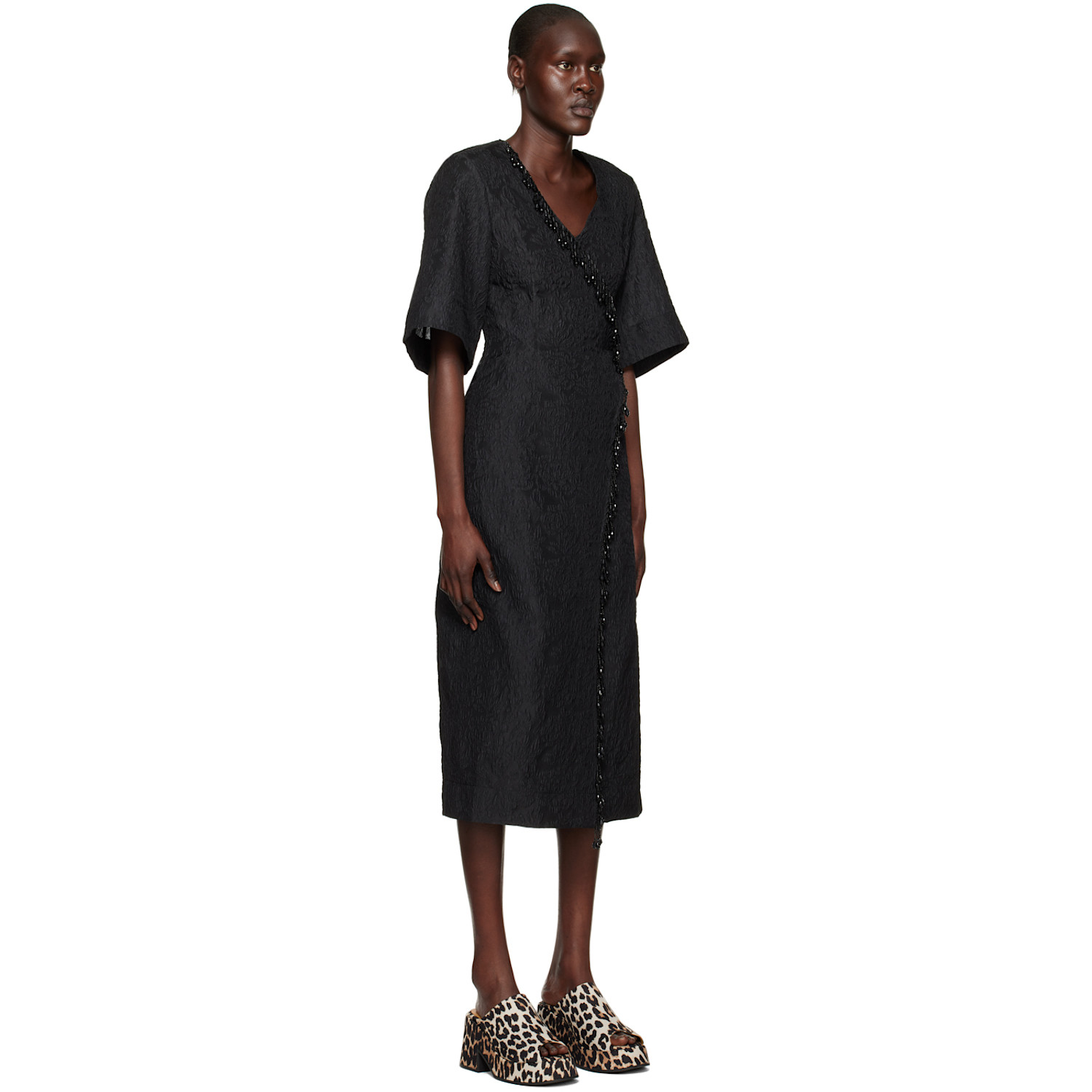  Ganni Black Beaded Fringe Midi Dress 