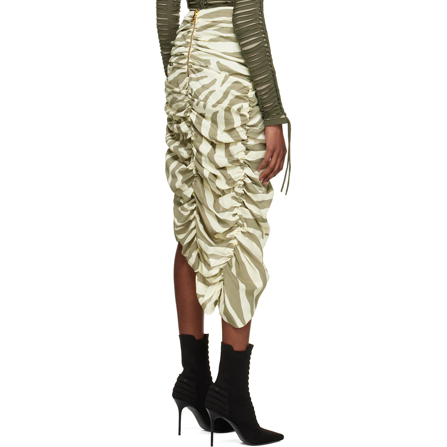  Balmain Beige & Khaki Zebra Print Midi Skirt 