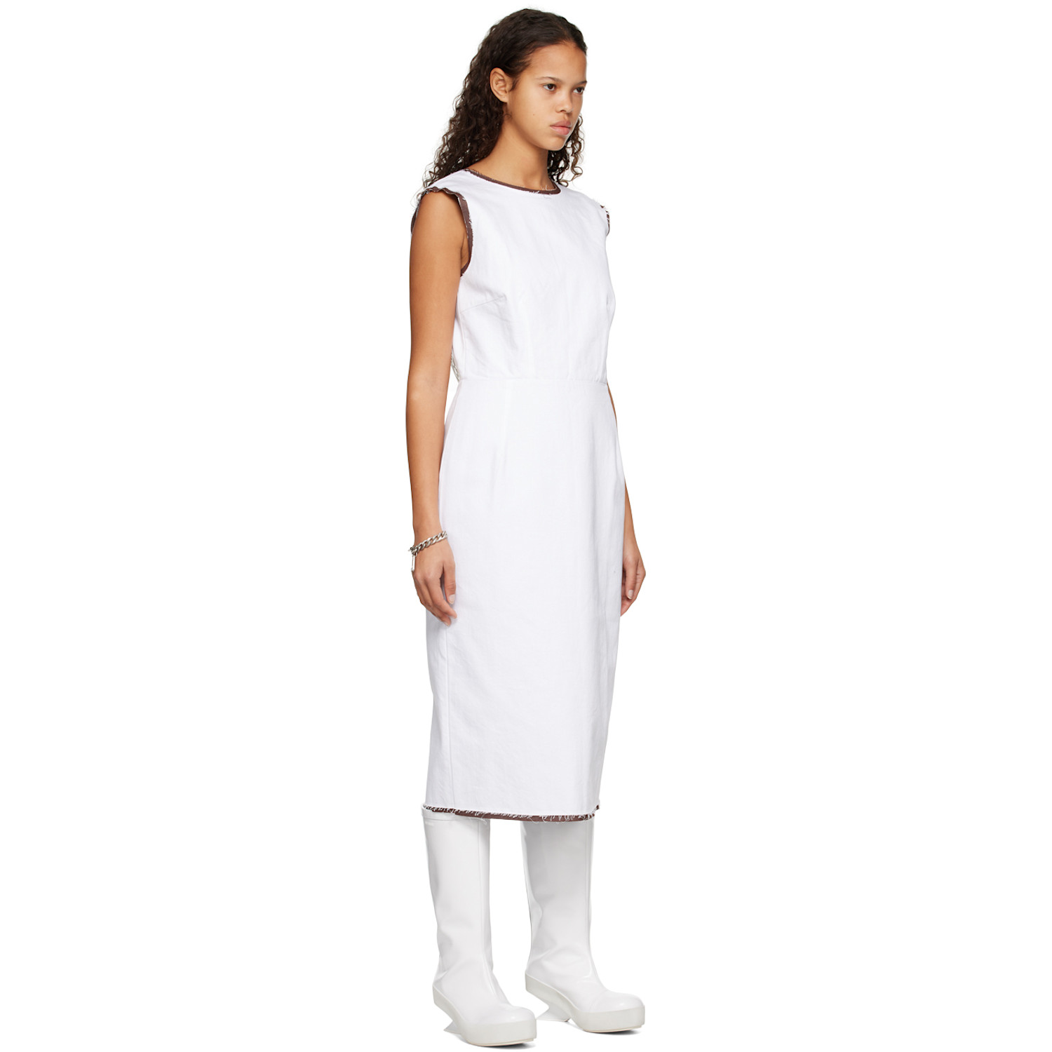  Raf Simons White Distressed Denim Midi Dress 