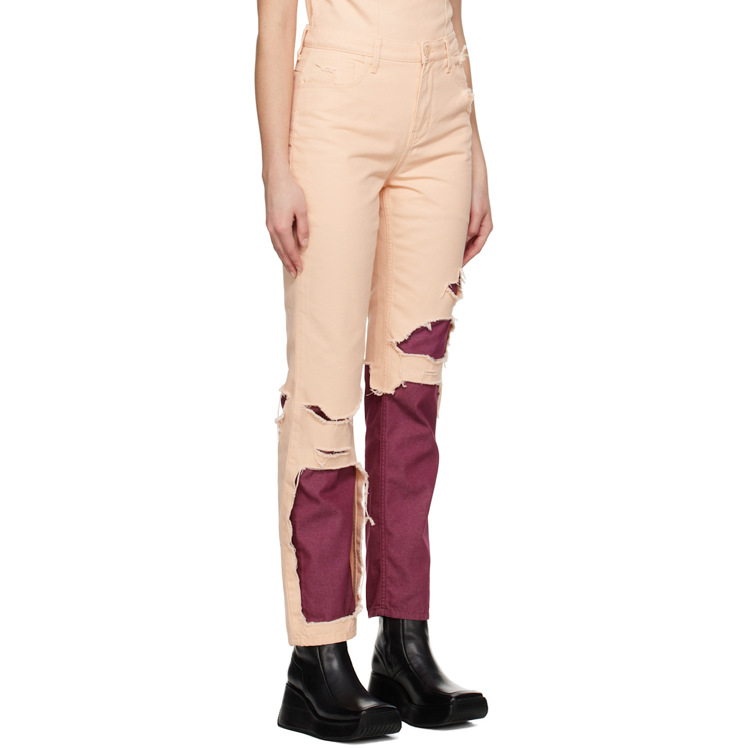  Raf Simons Pink & Burgundy Double Destroyed Jeans 
