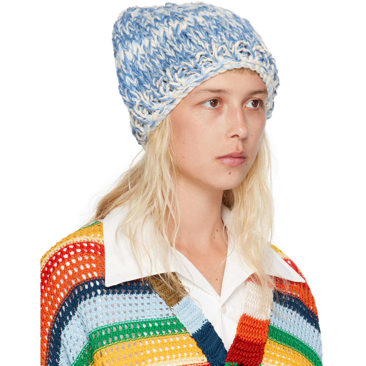  Nicholas Daley Blue & Off-white Ribbed Beanie 