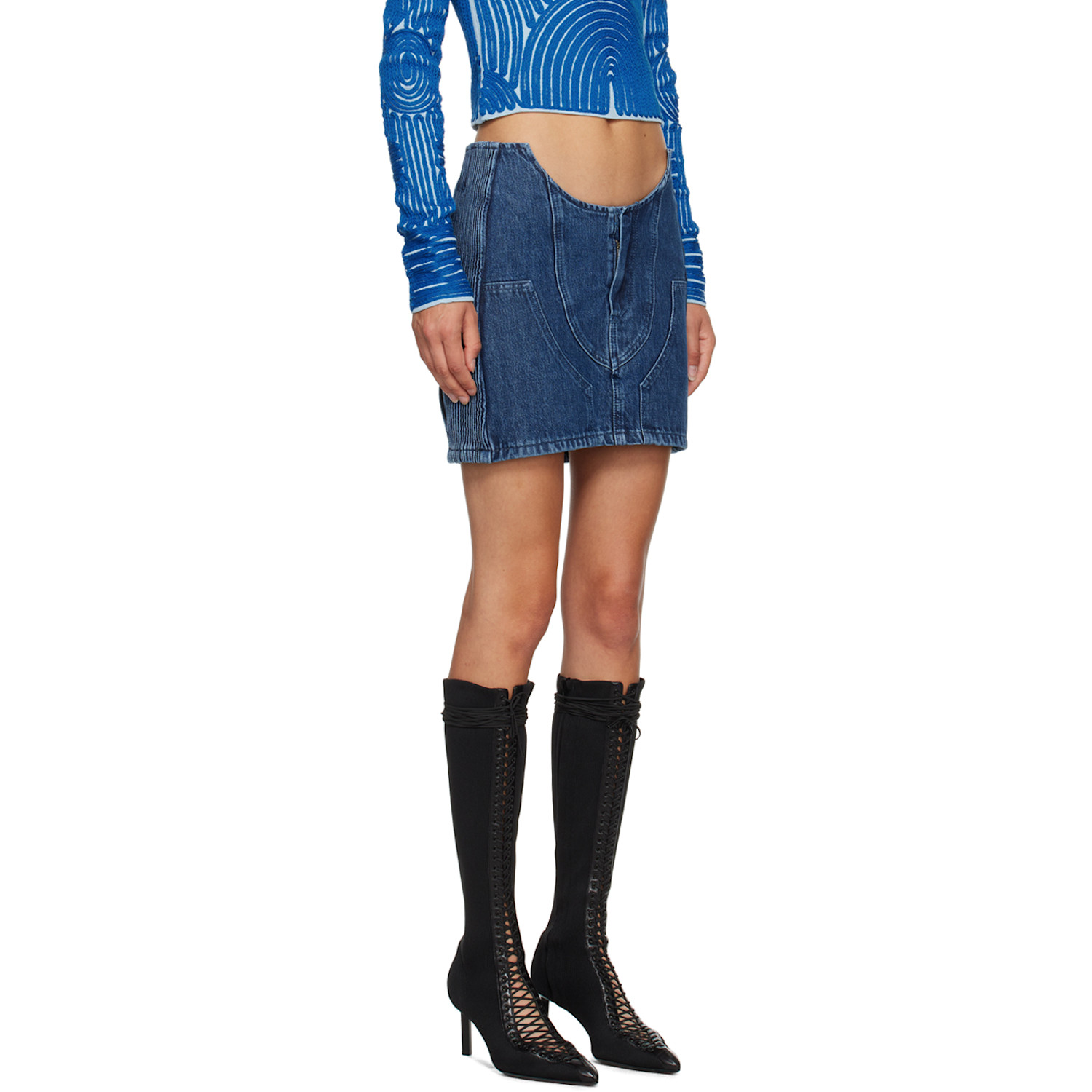  Off-white Blue Motorcycle Hole Denim Miniskirt 