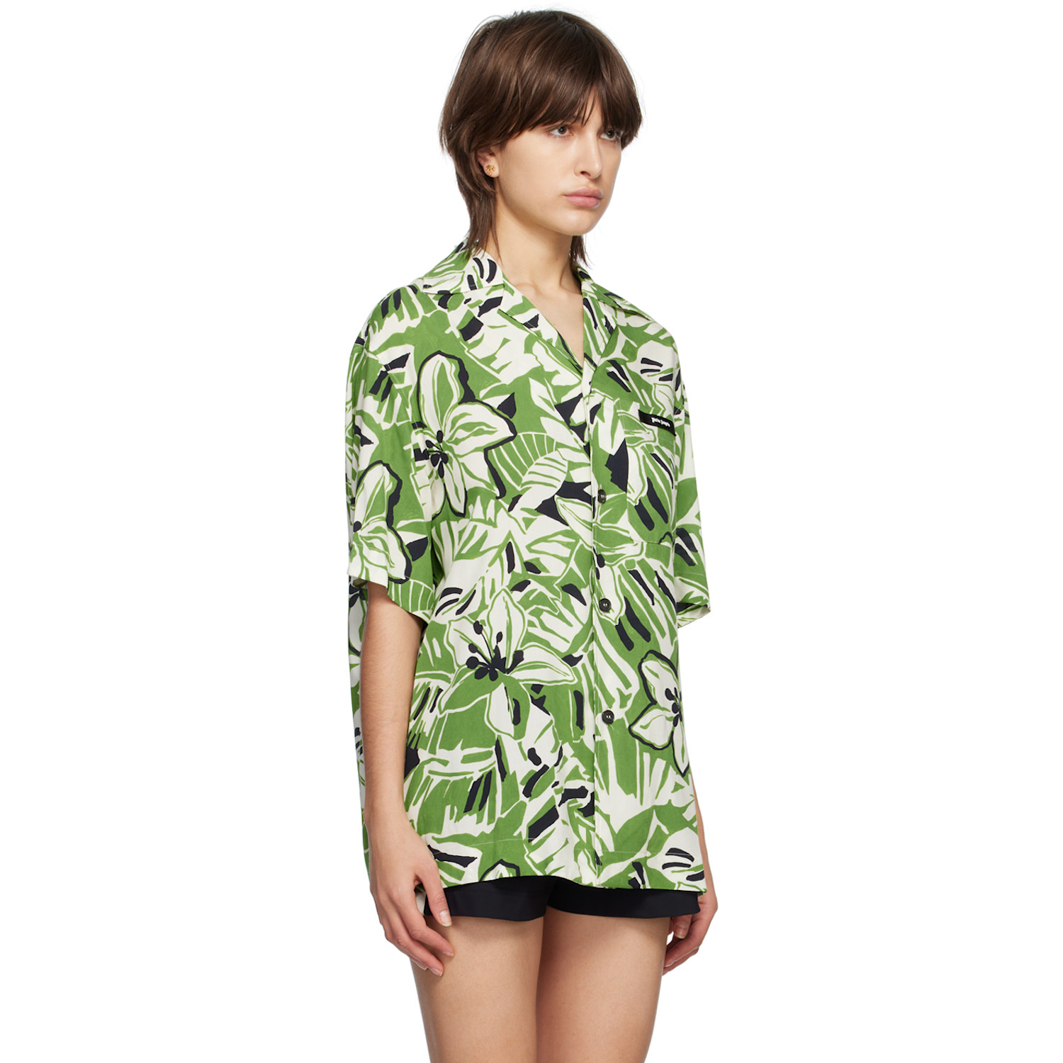  Palm Angels Green & White Hibiscus Bowling Shirt 