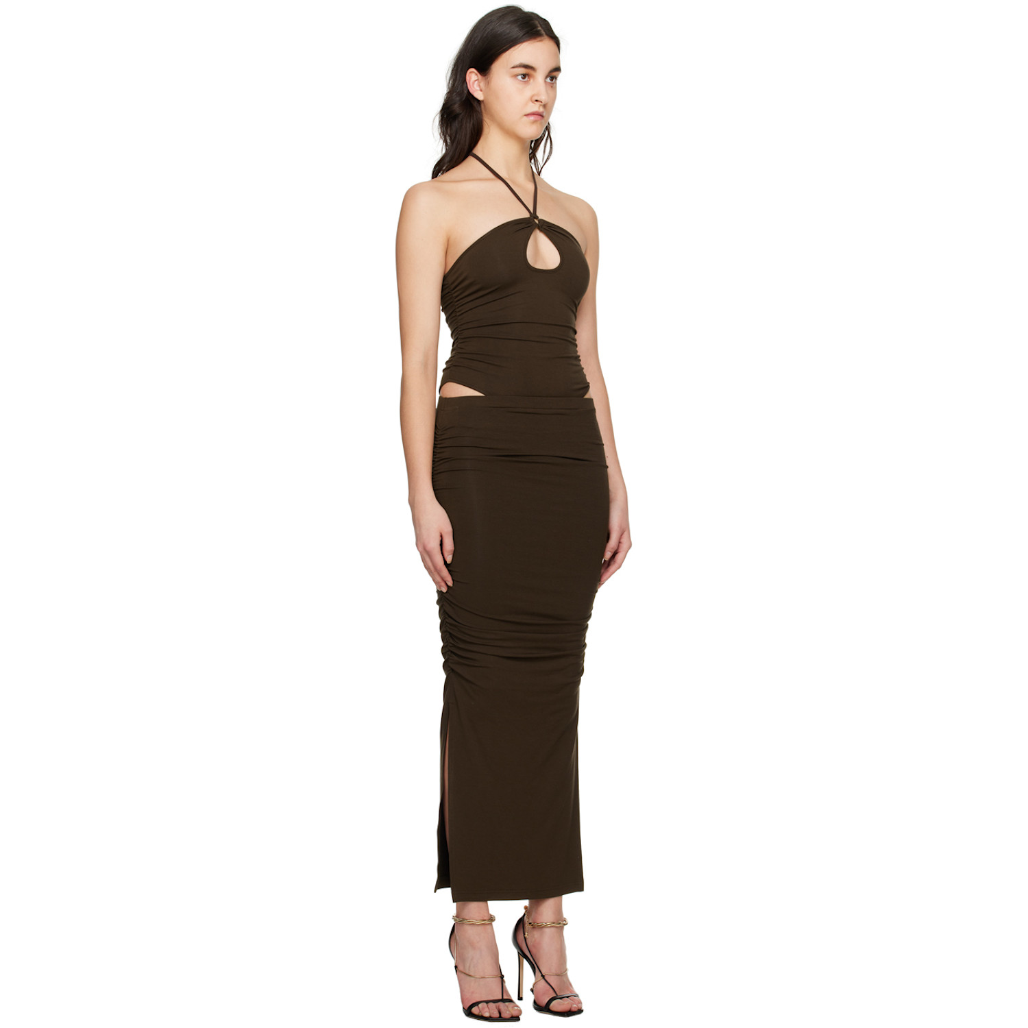  Lesugiatelier Brown Shirring String Maxi Dress 