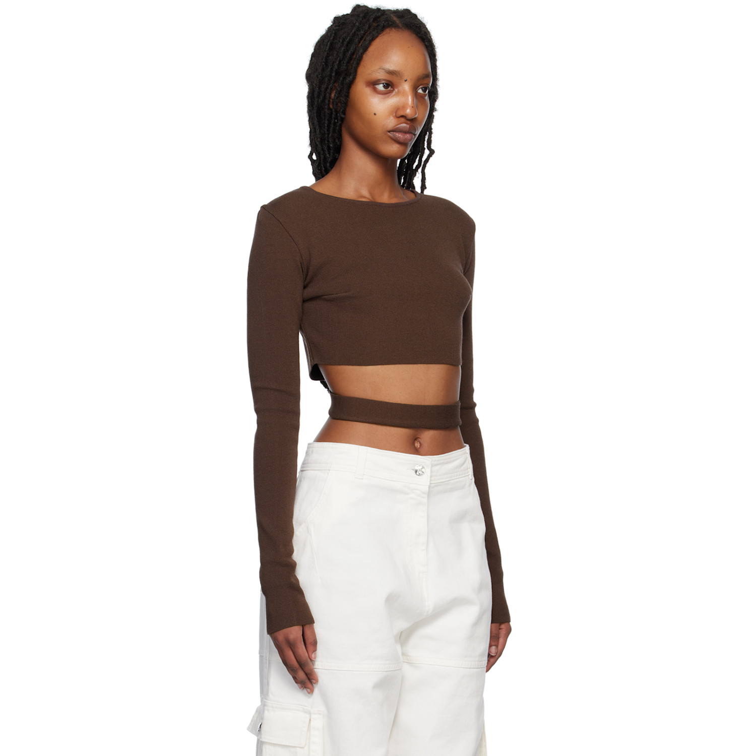  AndreĀdamo Brown Cutout Long Sleeve T-shirt 