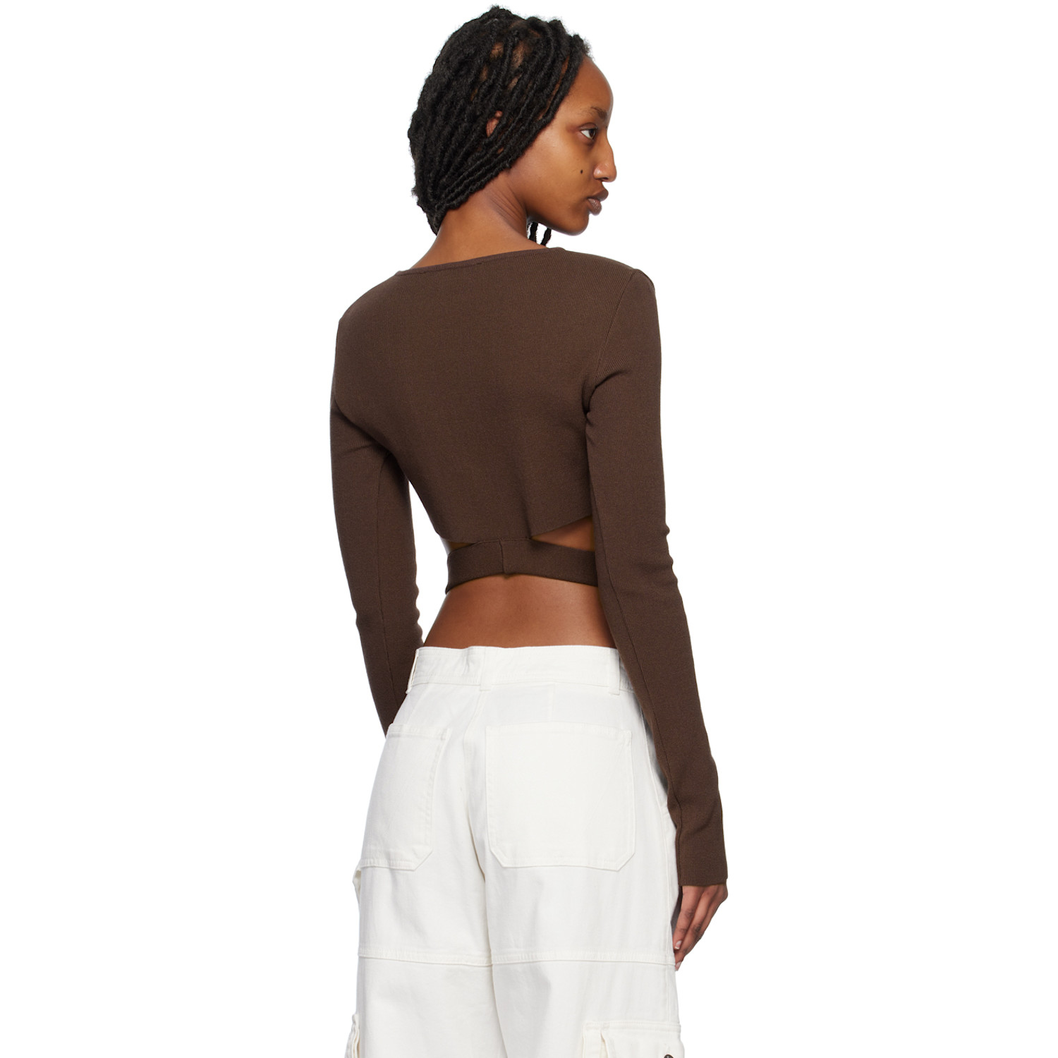  AndreĀdamo Brown Cutout Long Sleeve T-shirt 