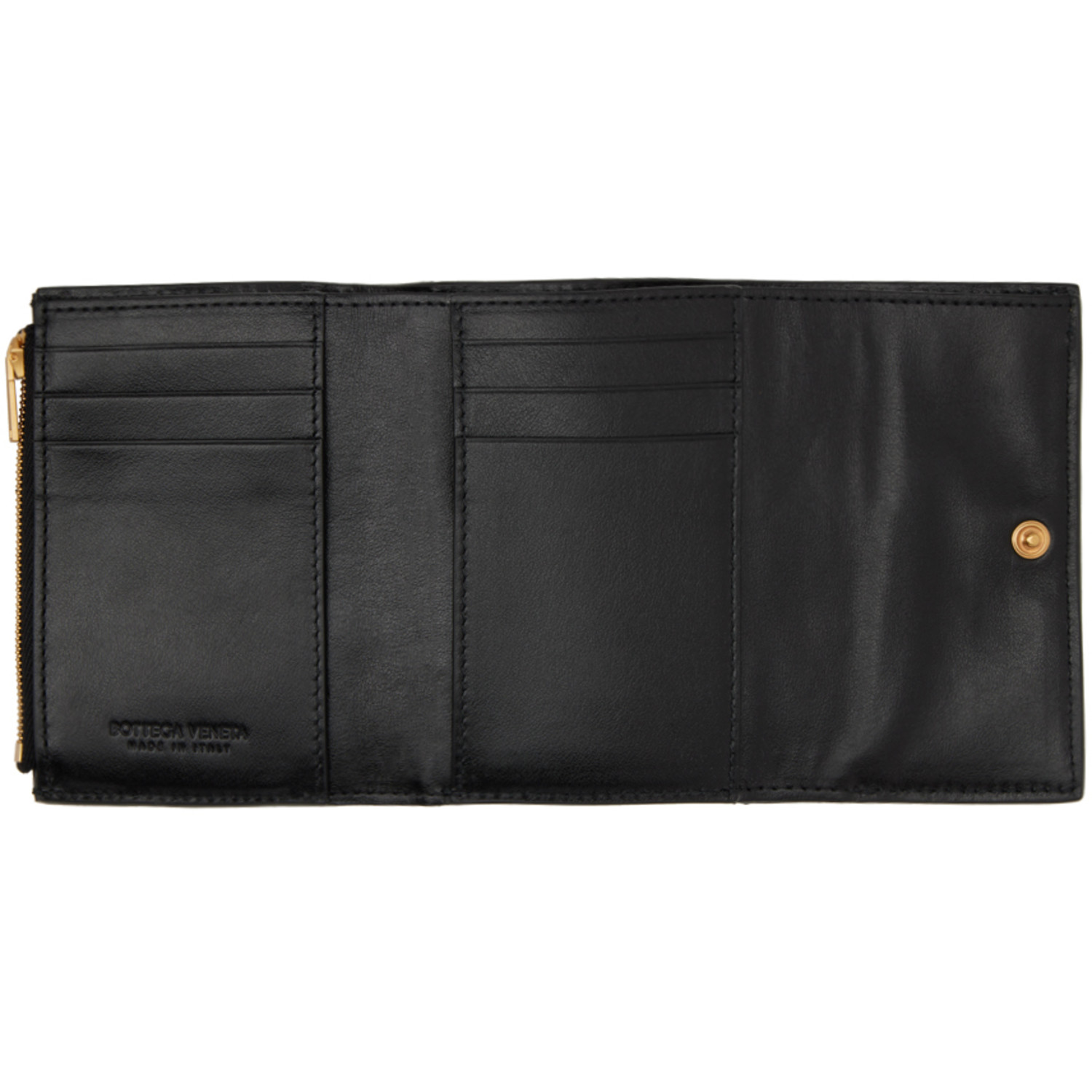  Bottega Veneta Black Trifold Zip Wallet 