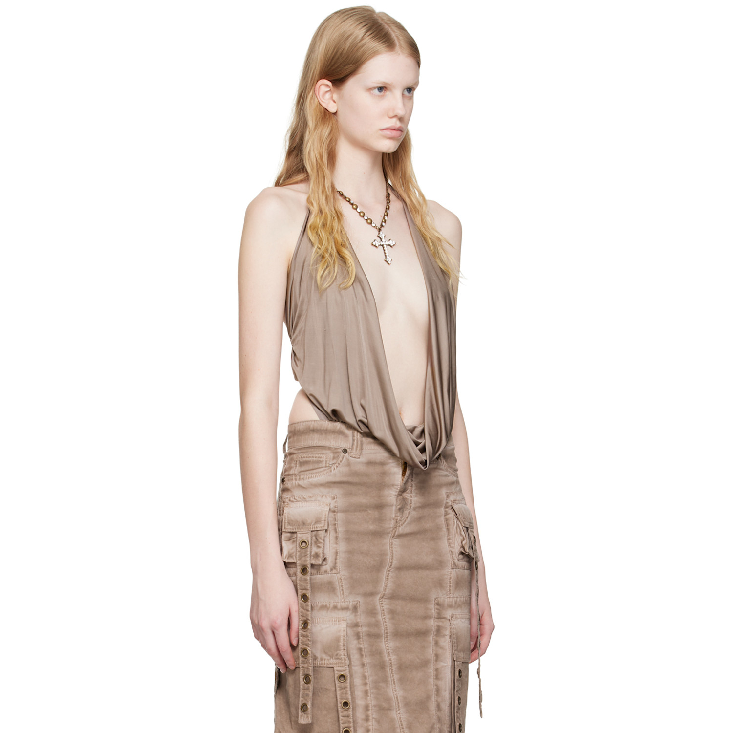 Blumarine Brown Plunging Bodysuit 