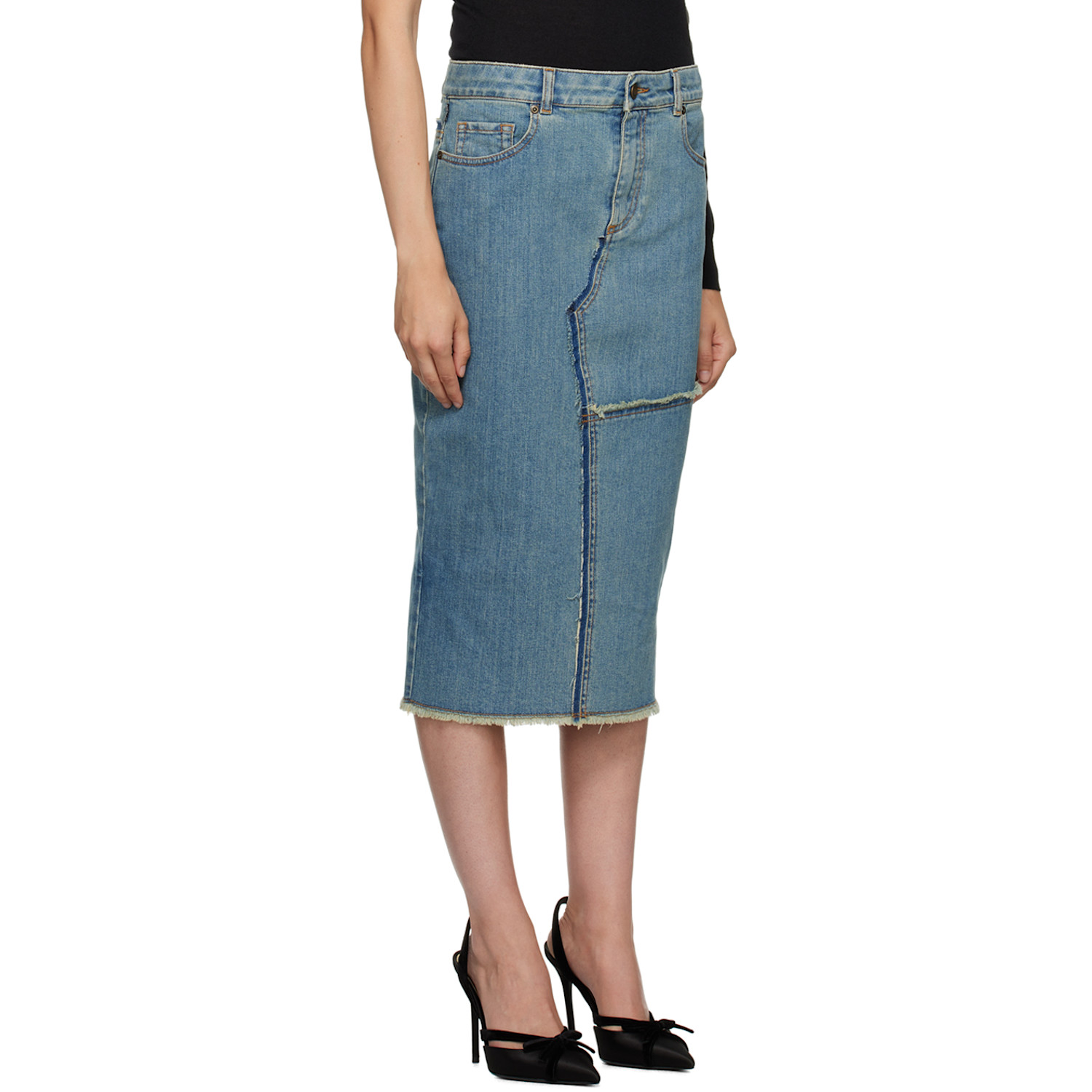  Tom Ford Blue Frayed Denim Midi Skirt 