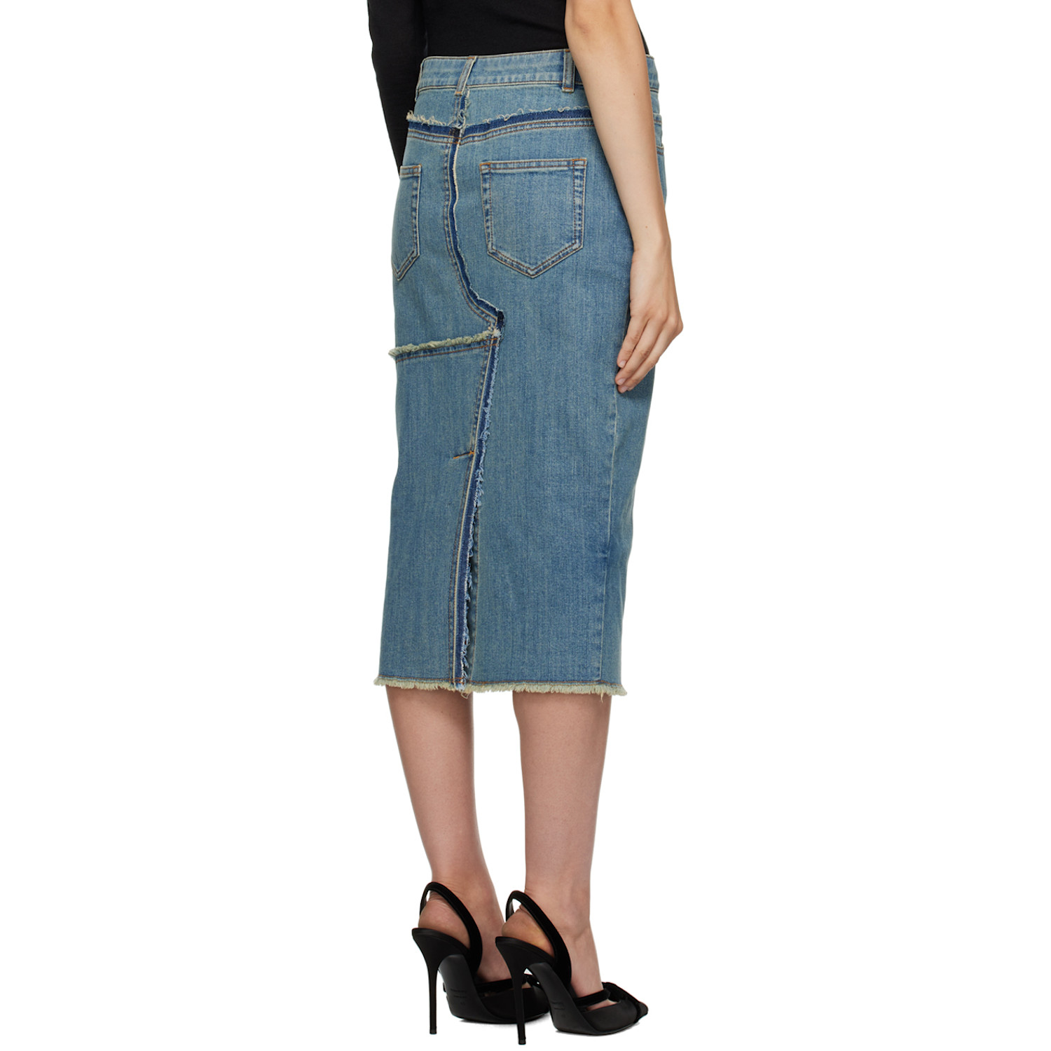  Tom Ford Blue Frayed Denim Midi Skirt 