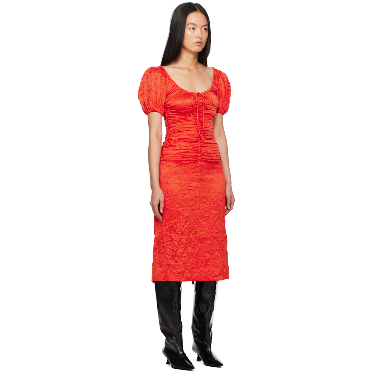  Ganni Red Crinkled Midi Dress 
