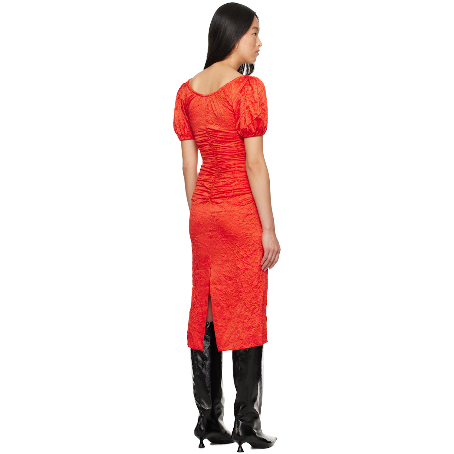  Ganni Red Crinkled Midi Dress 