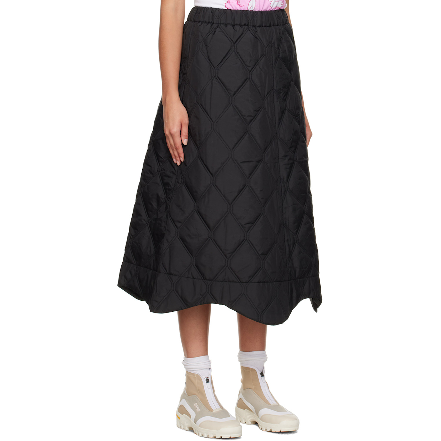 Ganni Black Quilted Midi Skirt 