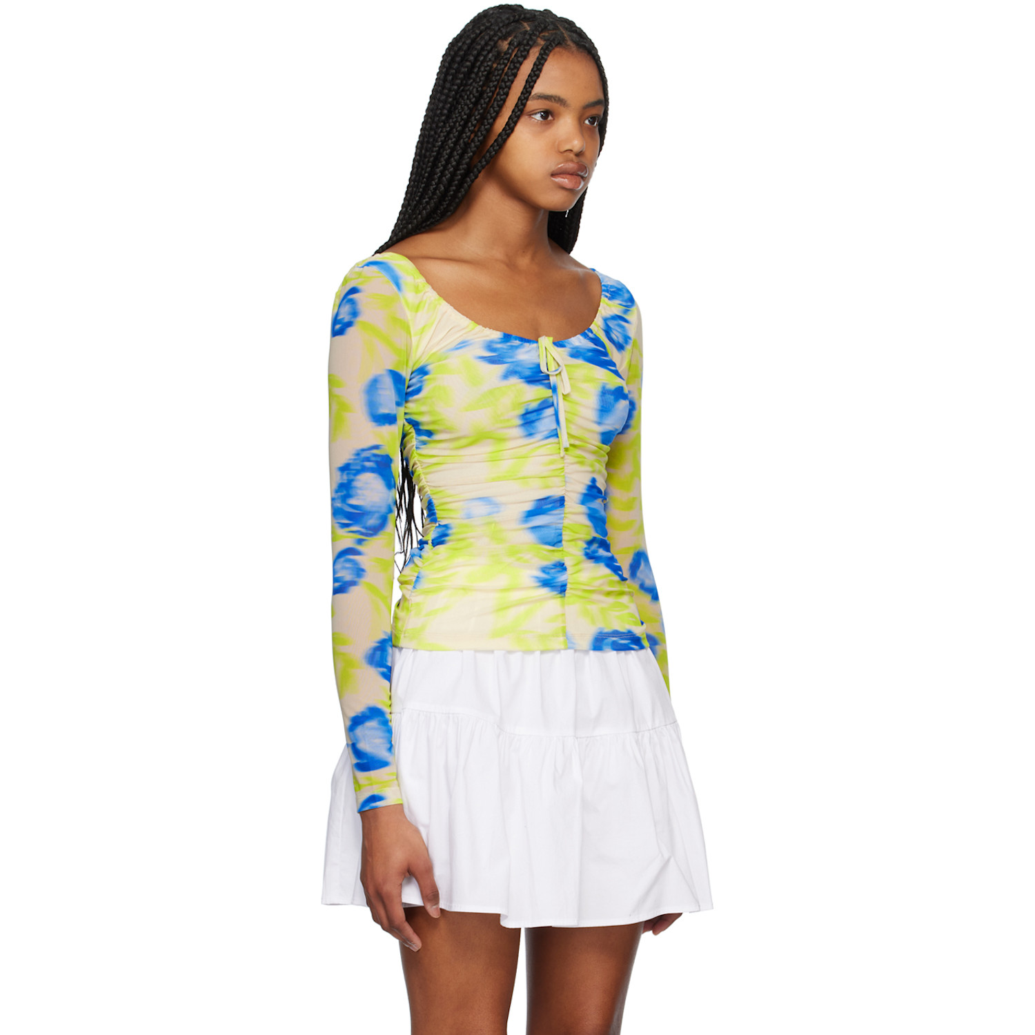  Ganni Green & Blue Printed Long Sleeve Blouse 