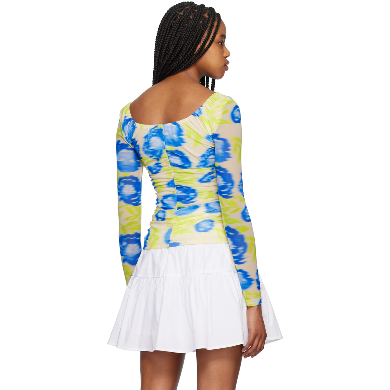  Ganni Green & Blue Printed Long Sleeve Blouse 