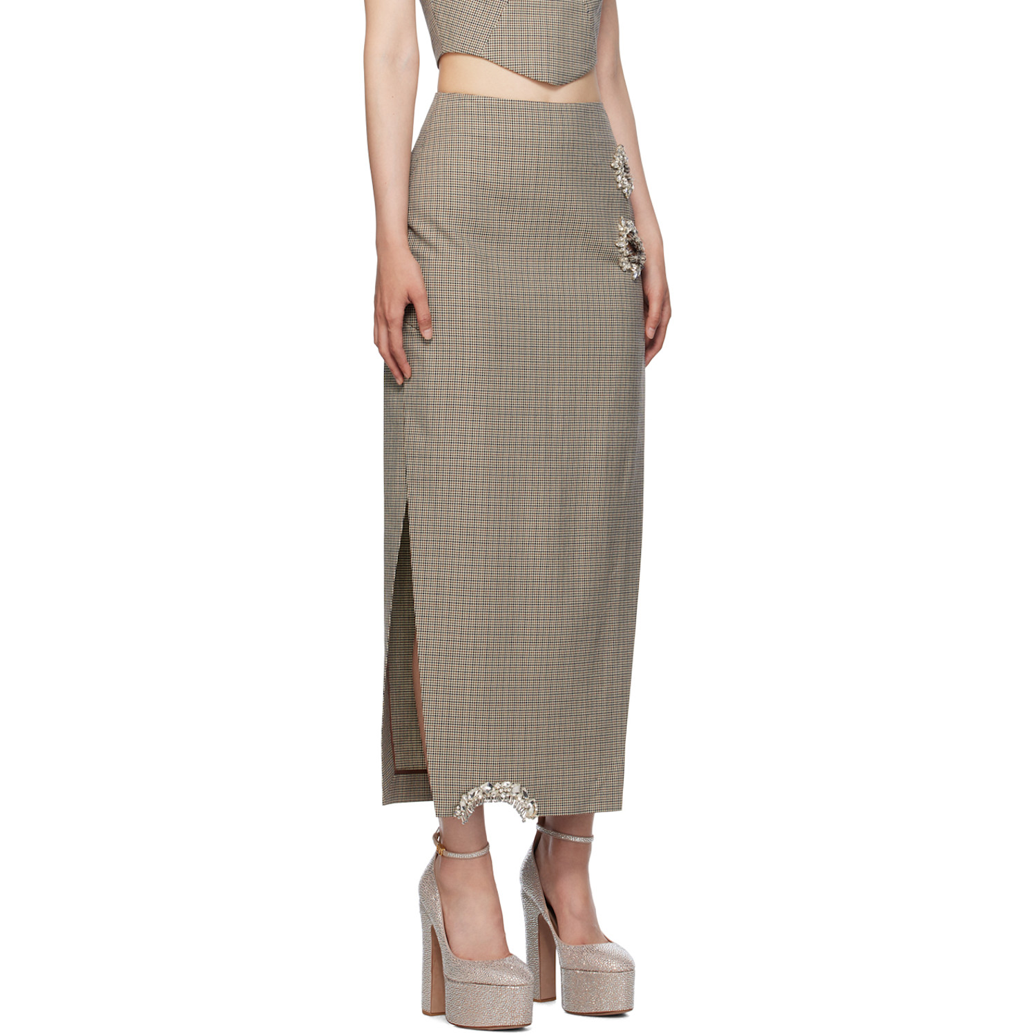  Area Brown Distressed Crystal Midi Skirt 