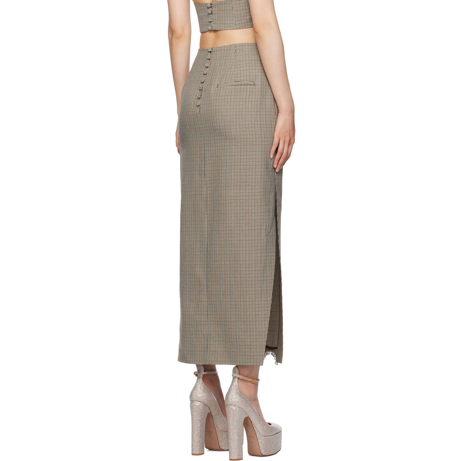  Area Brown Distressed Crystal Midi Skirt 