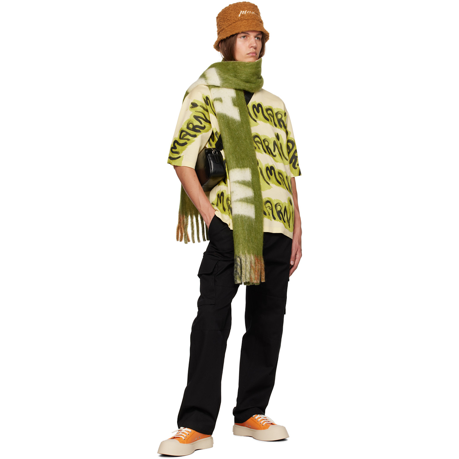  Marni Green Striped Logo Scarf 