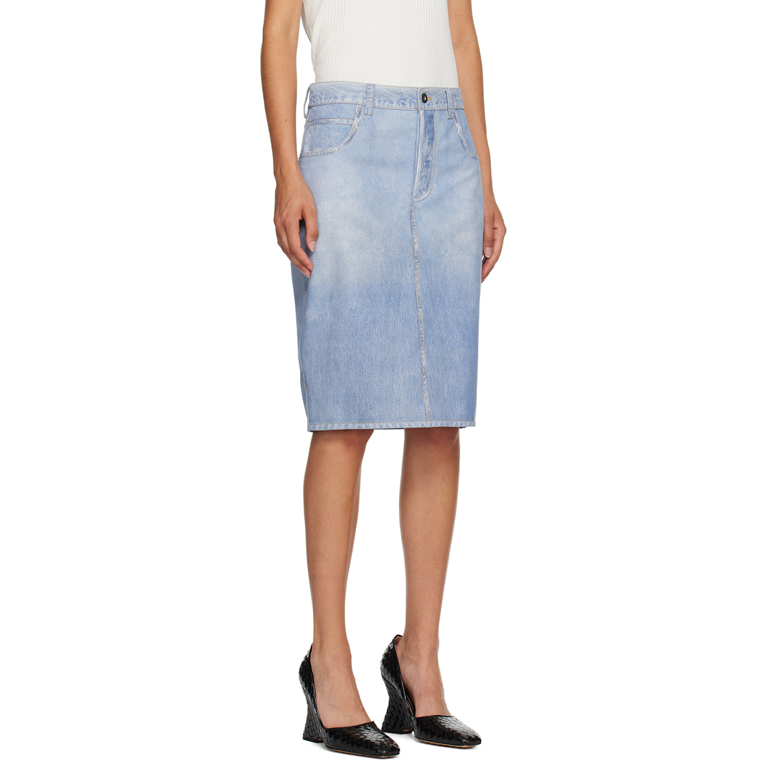  Bottega Veneta Blue Printed Leather Midi Skirt 